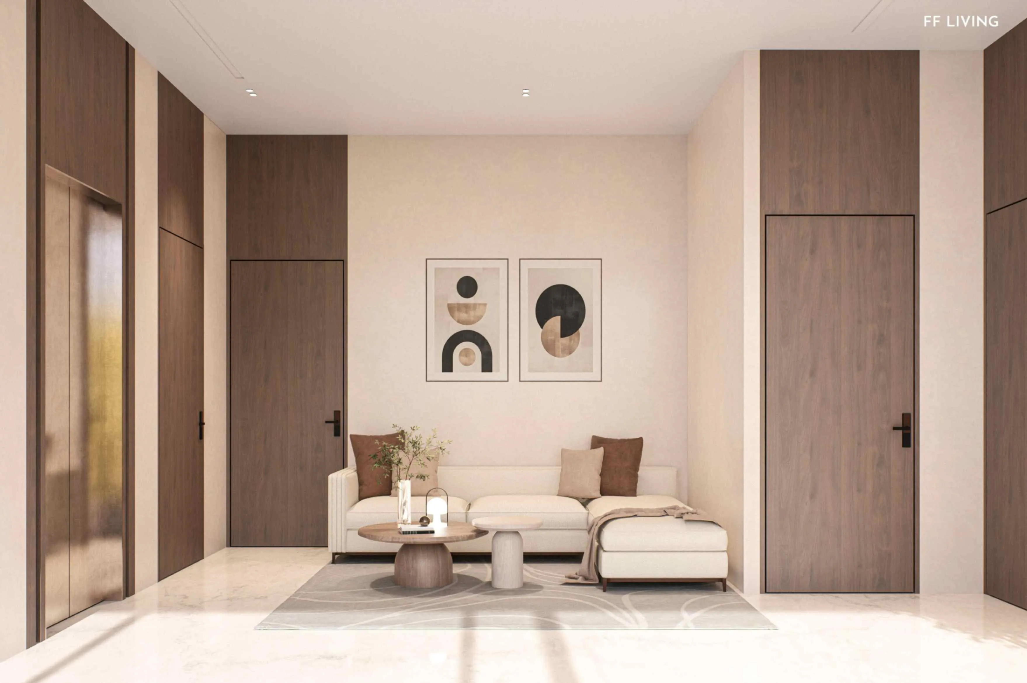 A modern living room featuring wooden doors and a cozy couch, creating a warm and inviting atmosphere.