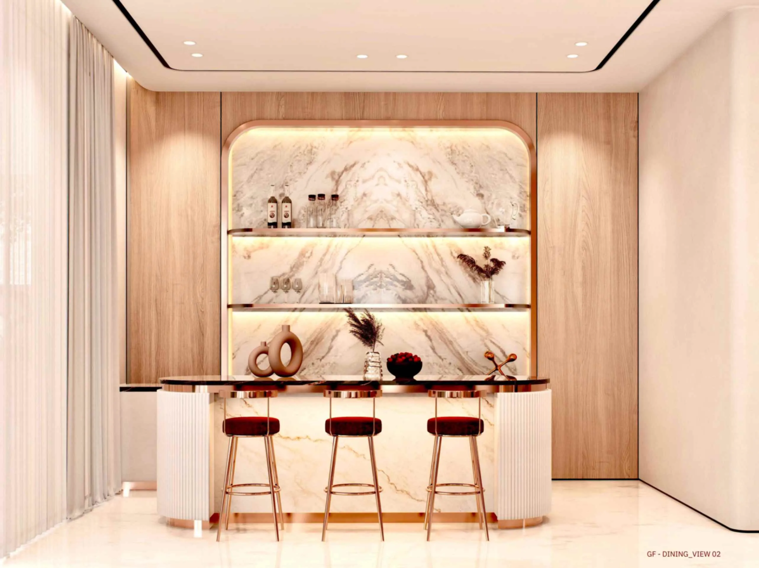 A sleek modern kitchen featuring elegant marble countertops and stylish bar stools for a contemporary dining experience.