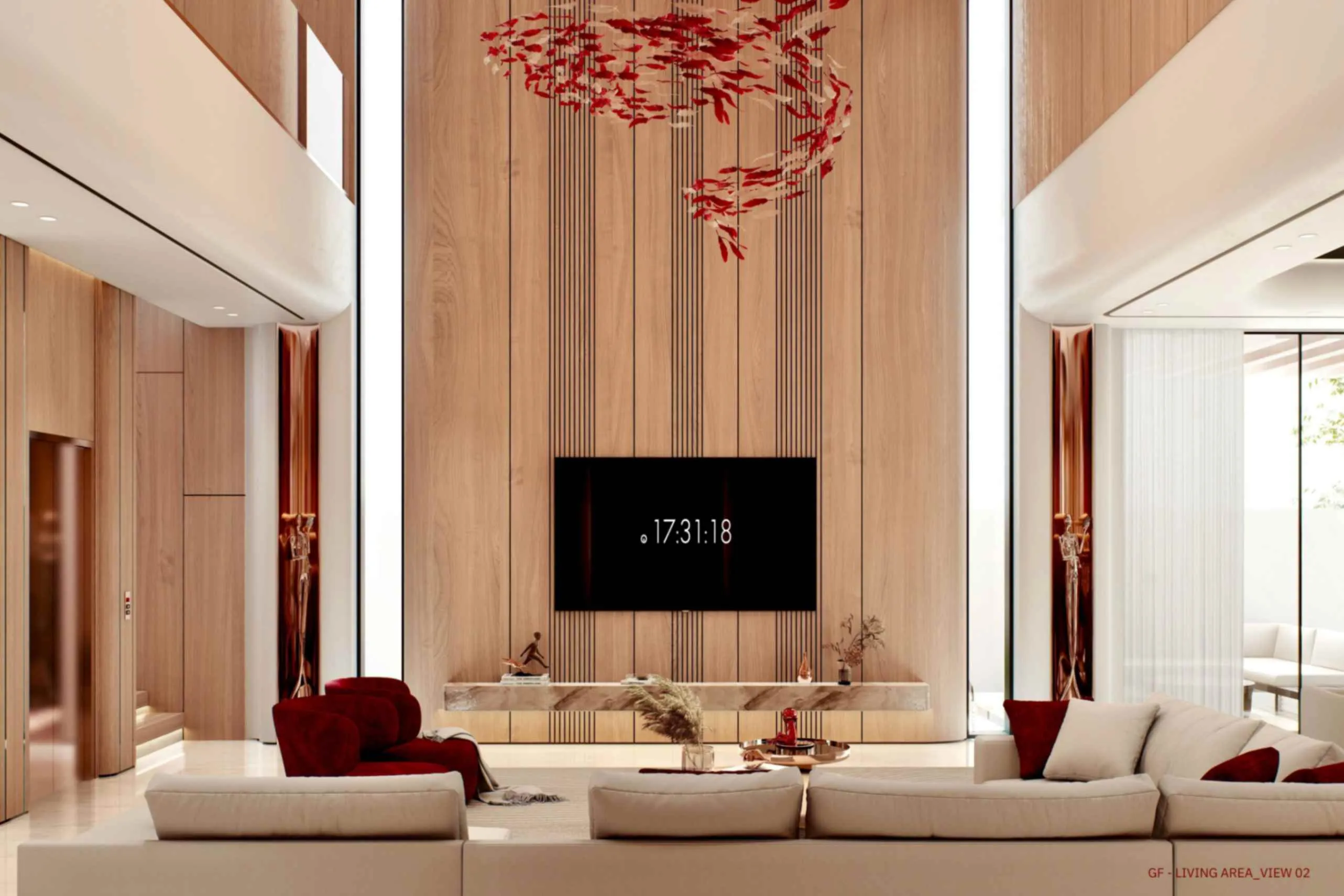A modern living room showcasing a large television alongside a prominent fish sculpture, creating a unique ambiance.
