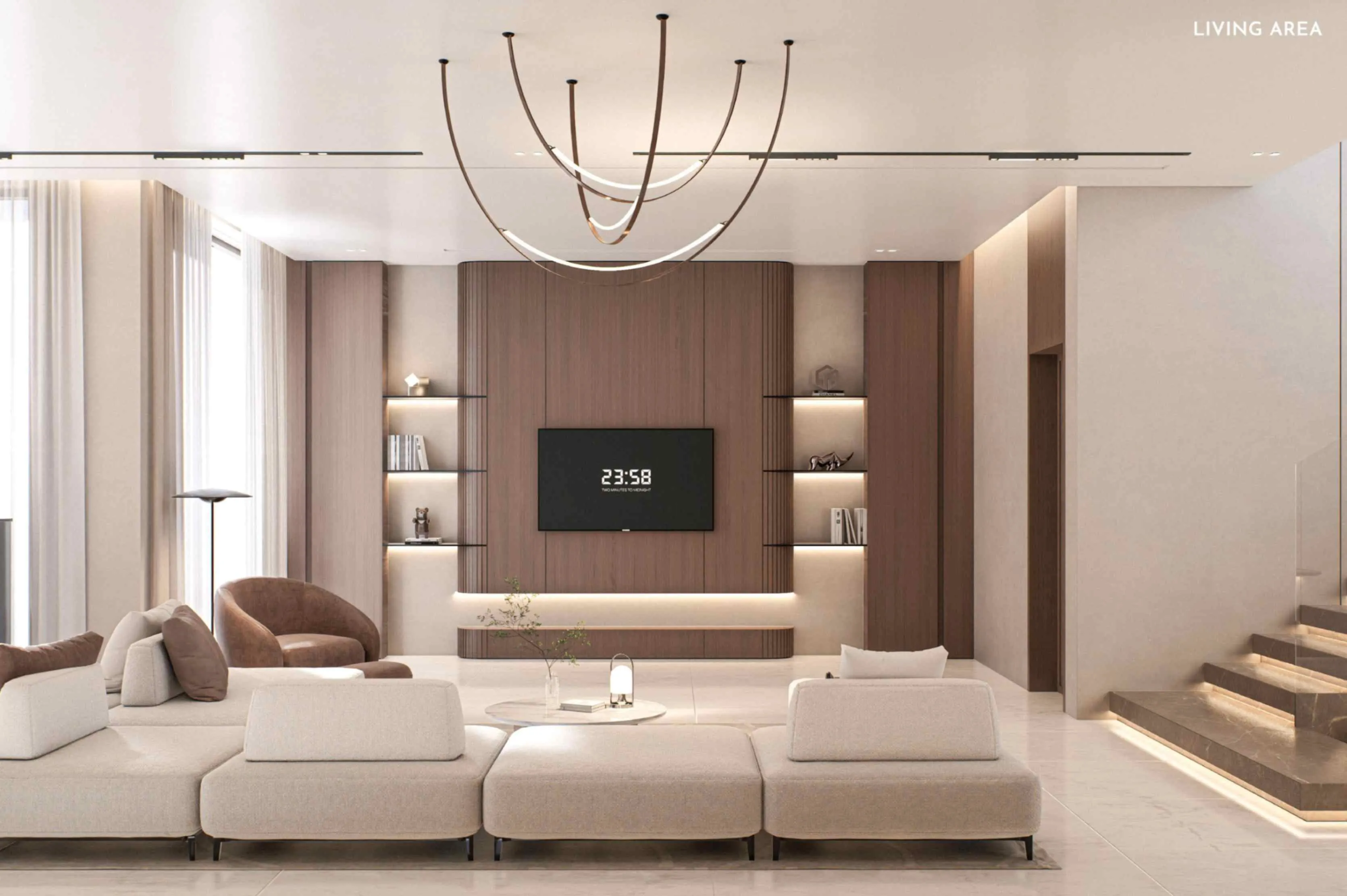A stylish modern living room featuring a large, elegant chandelier hanging from the ceiling.