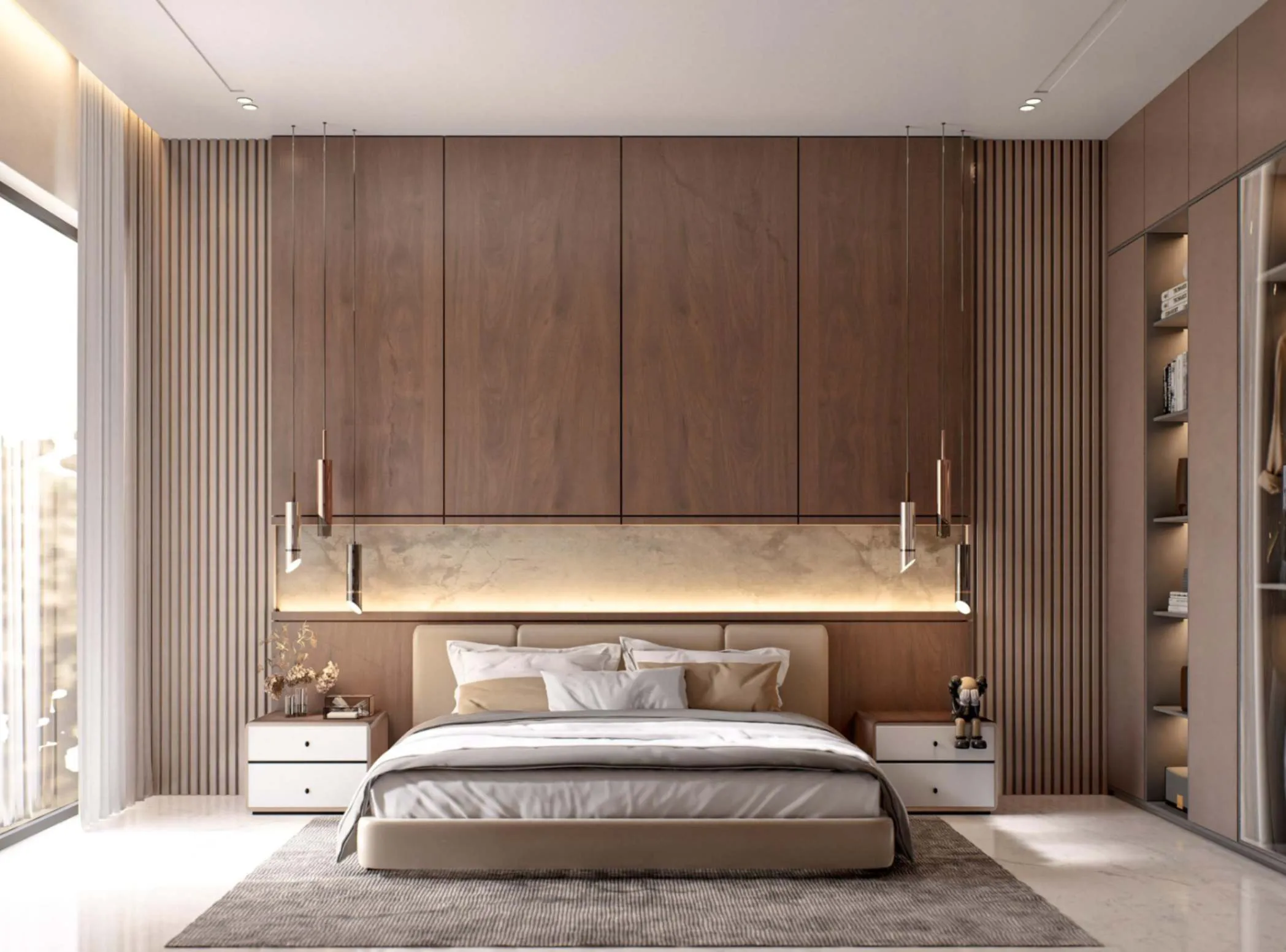 Modern bedroom featuring warm wooden paneling and bright white walls, creating a cozy and inviting atmosphere.