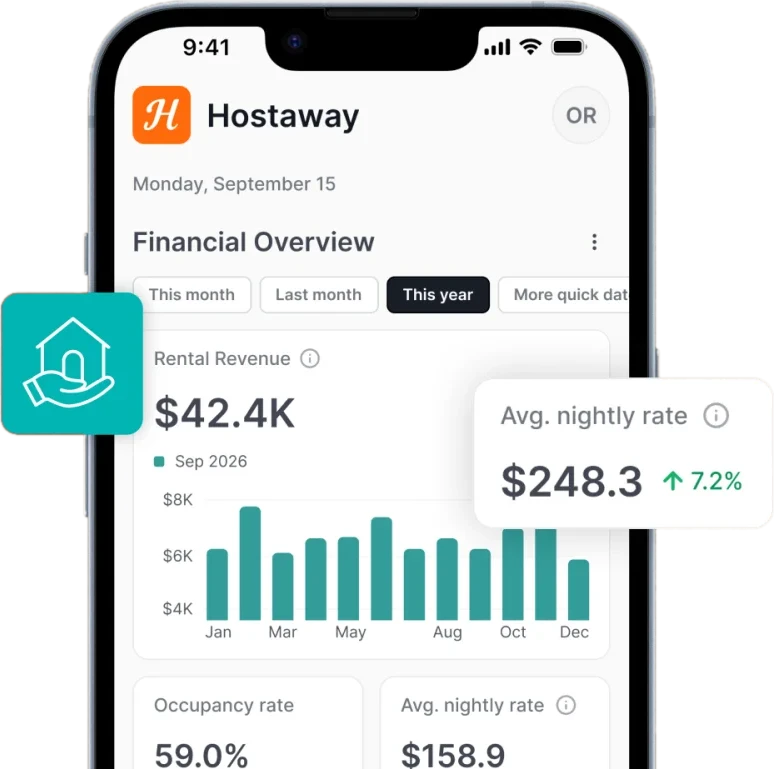 Owner portal financial overview with rental revenue by month, occupancy and average nightly rate