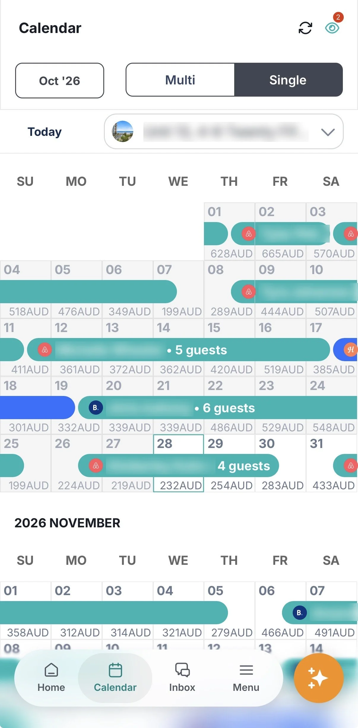 Owner portal calendar showing bookings by channel, with nightly prices for each date