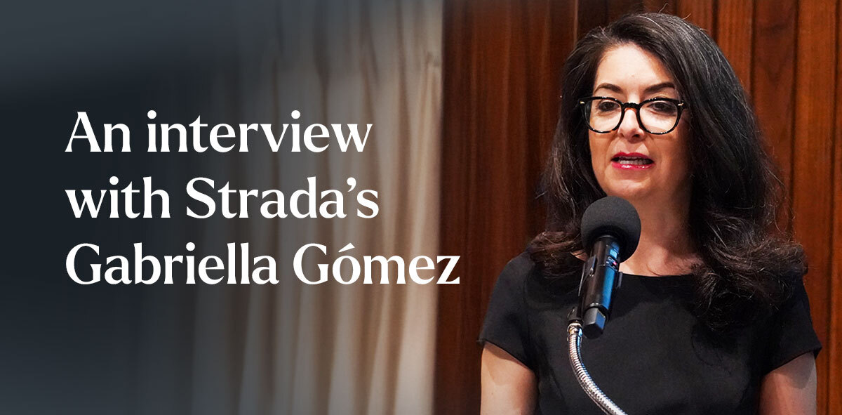 In white, text says An interview with Strada's Gabriella Gómez
