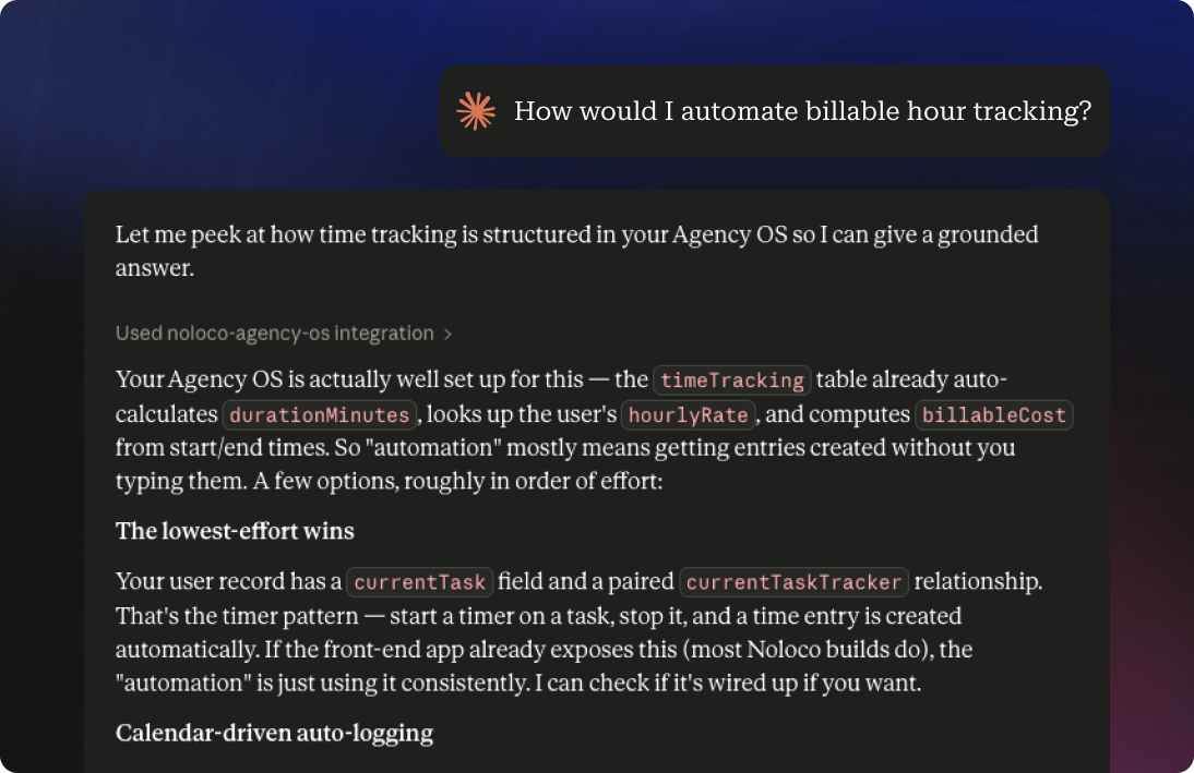 AI assistant querying live Noloco tables