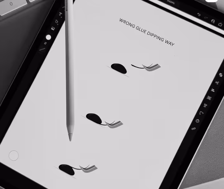 Illustration of incorrect lash glue dipping technique on a tablet screen.
