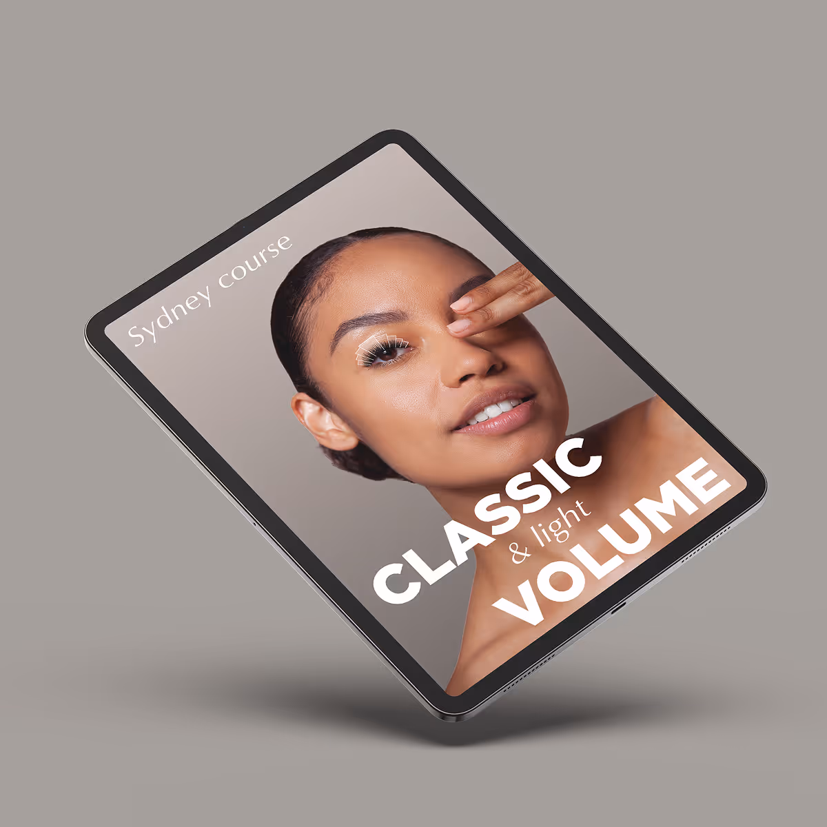 Classic & Light Volume Eyelash Extension Course Sydney – tablet mockup with model and course title.