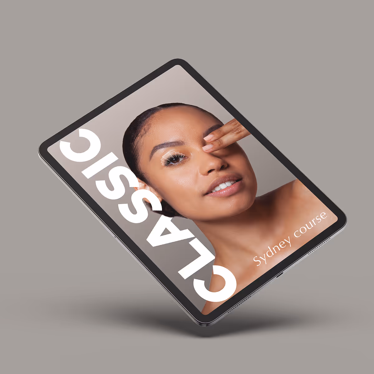 Classic Eyelash Extension Course Sydney – tablet mockup with model and course title.