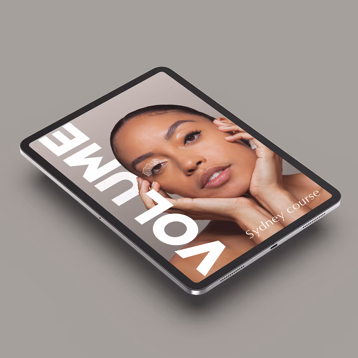 Volume Eyelash Extension Course Sydney – tablet mockup with model and course title.