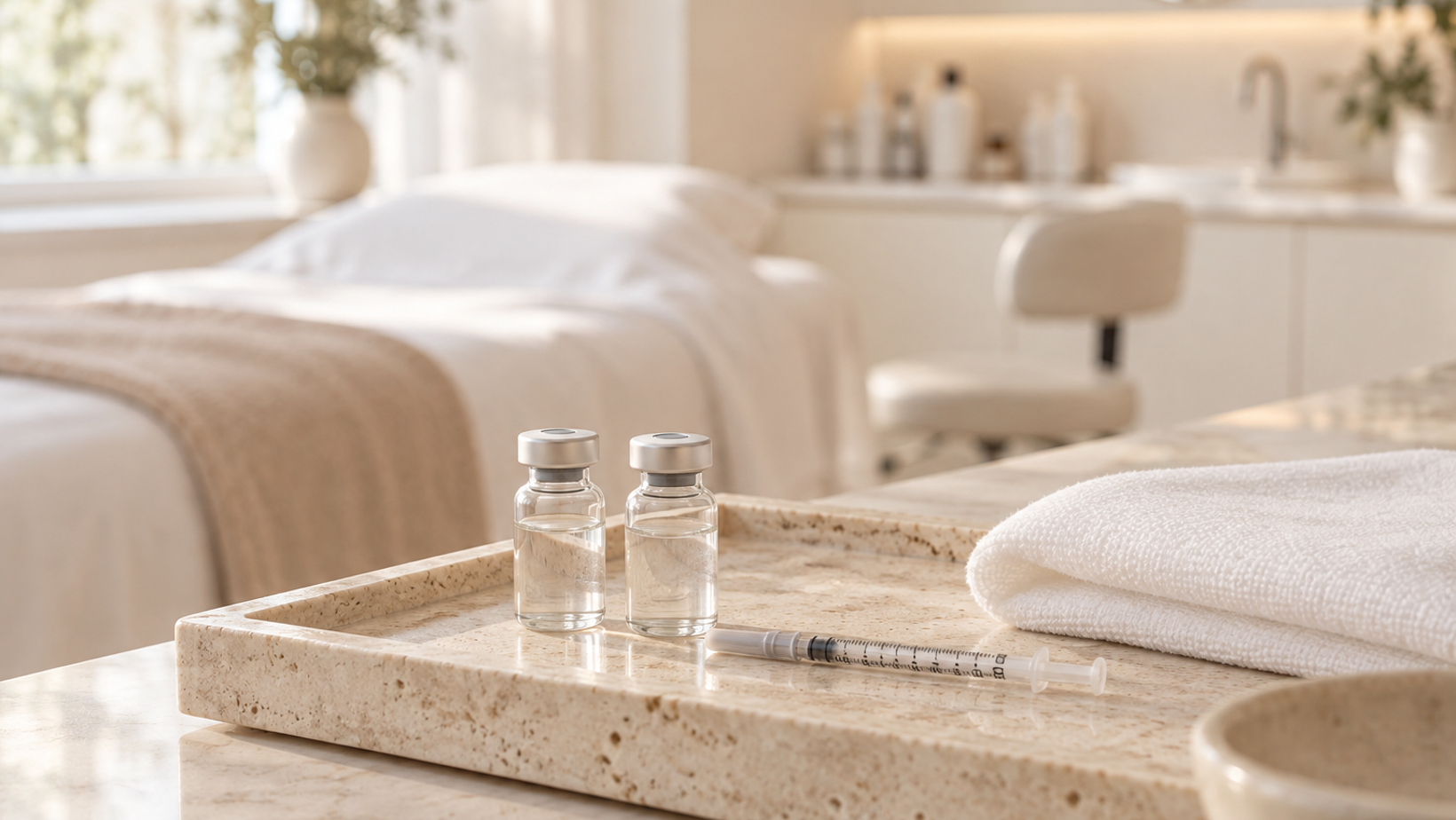 Two small vials and a capped syringe on a travertine tray in a bright Skóra treatment room, illustrating a Dysport vs. Botox guide