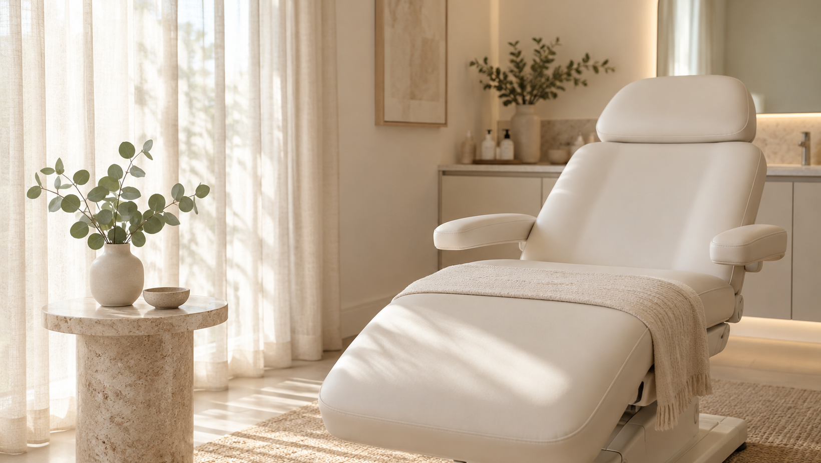 Softly lit med spa consultation room with a treatment chair at Skóra Skin Aesthetics in Altamonte Springs