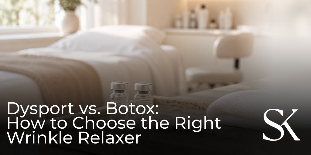 Two small vials and a capped syringe on a travertine tray in a bright Skóra treatment room, illustrating a Dysport vs. Botox guide
