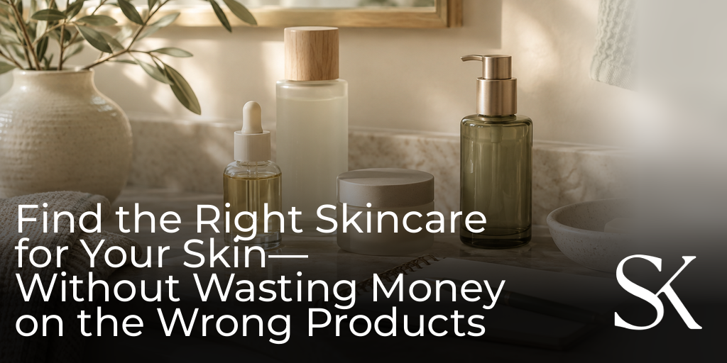 Skincare bottles and an open notebook on a bright vanity, planning a personalized skincare routine