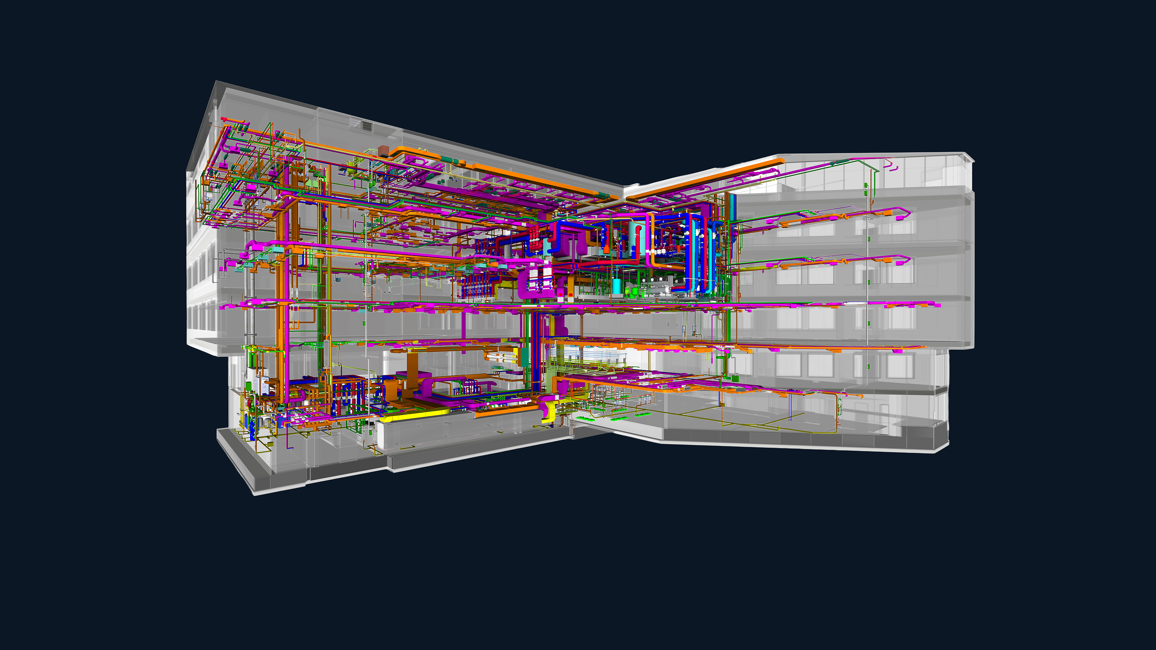 3D-Modell eines Gebäudes mit bunter TGA Rohrleitungs- und Versorgungstechnik, auf dunklem Hintergrund.