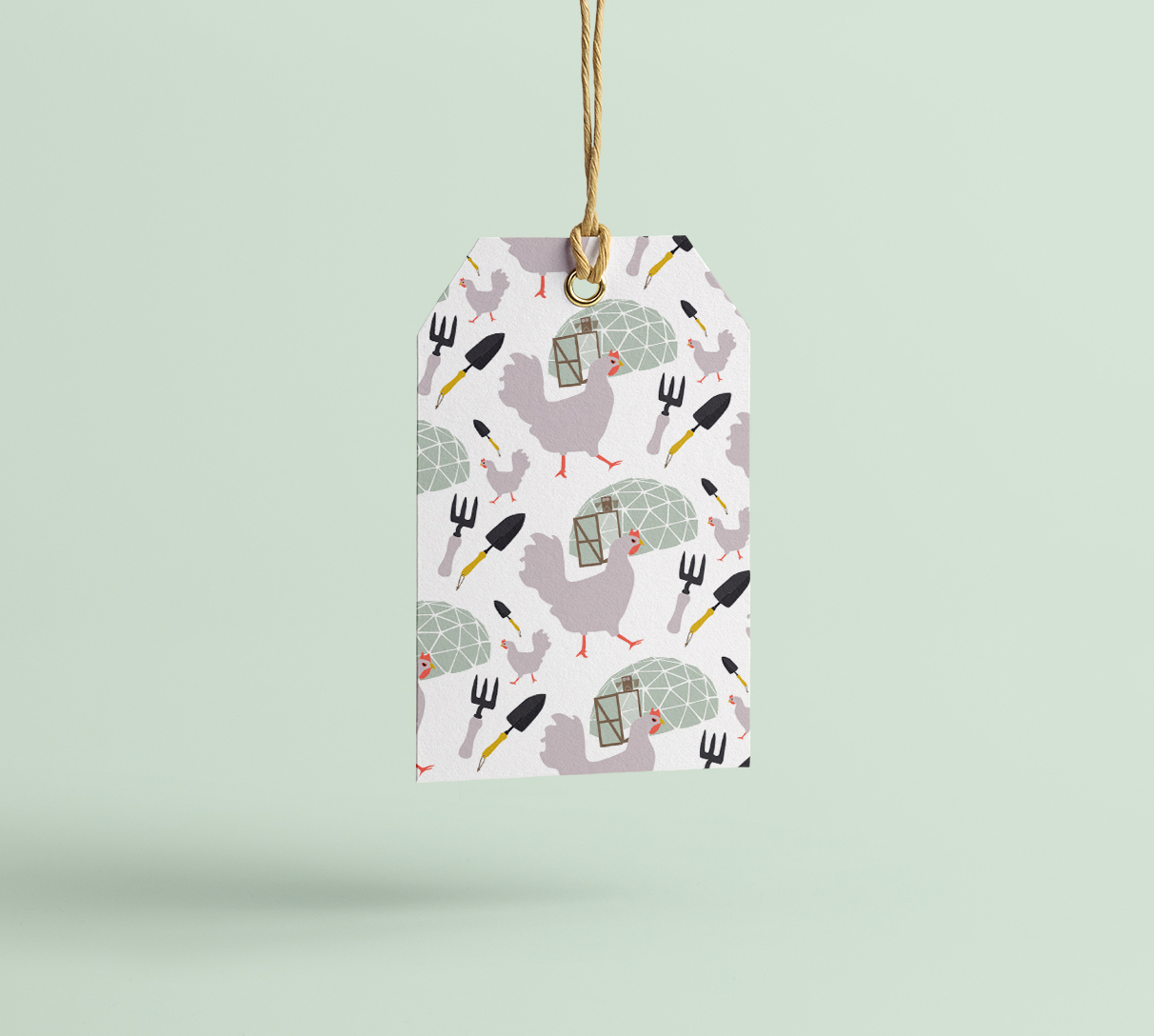 Gift tag with vector drawing of chickens and farm equipment.
