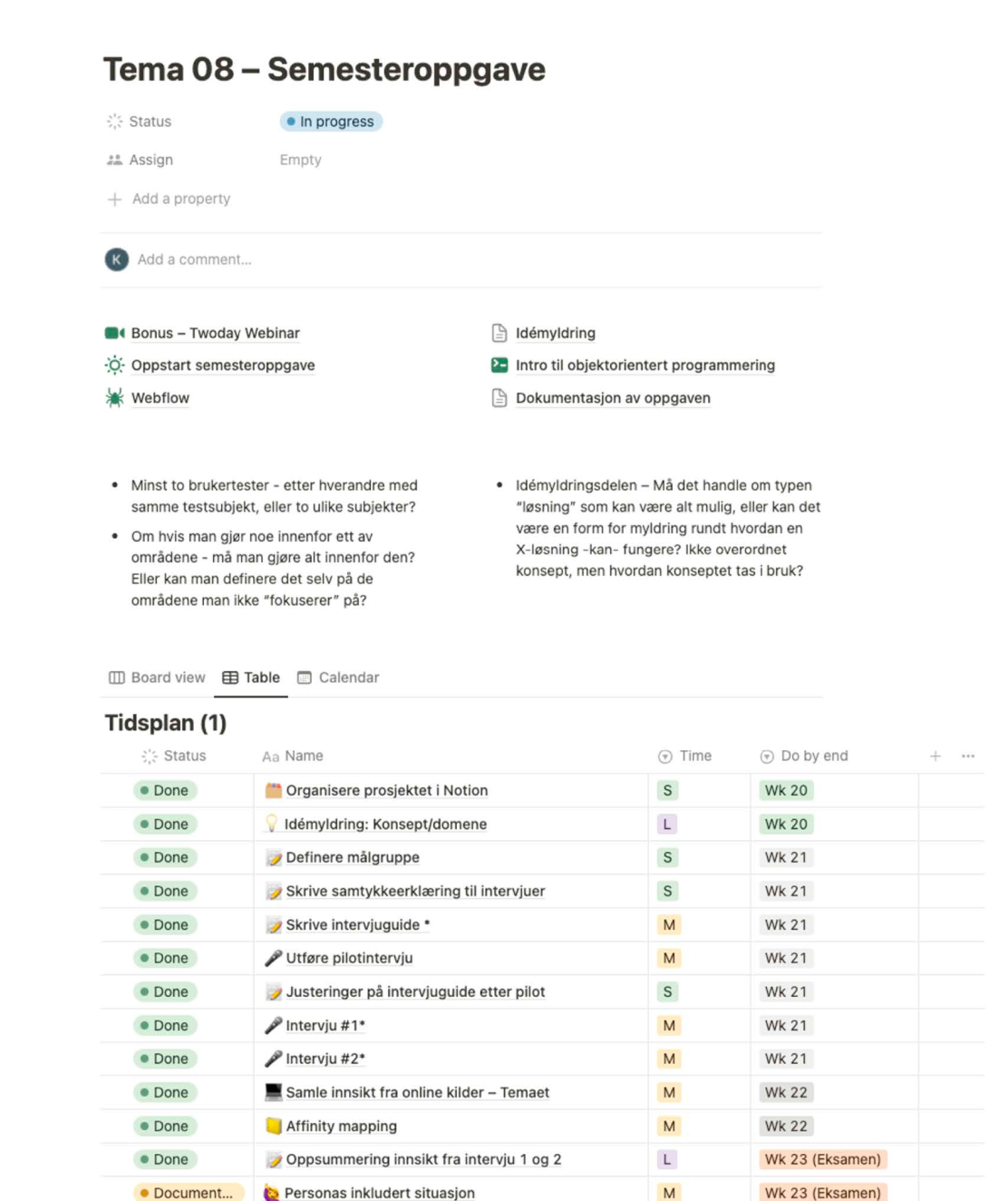 Screenshot of Notion project setup