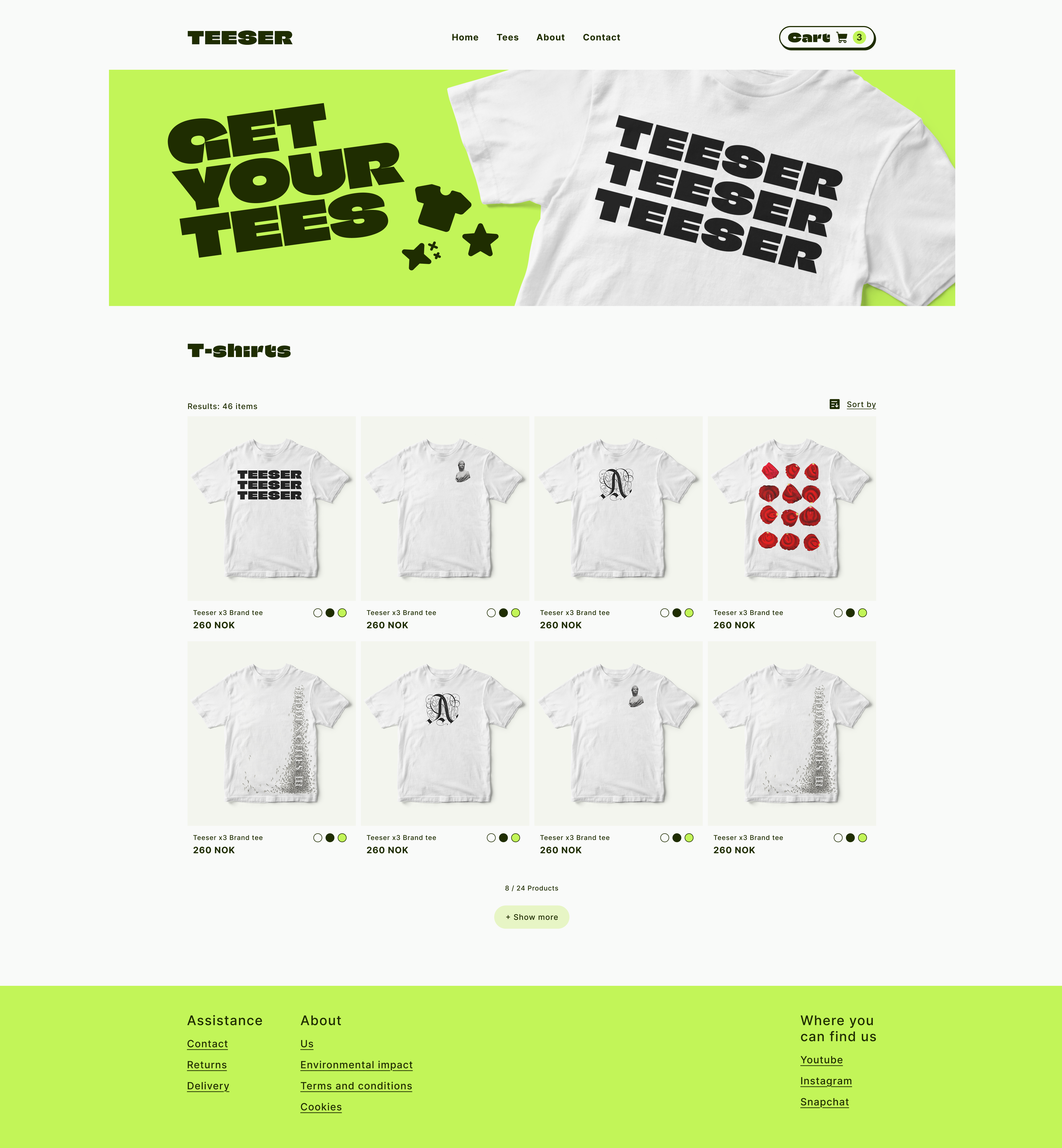 Webshop screenshot, front page with examples of thirts for sale.