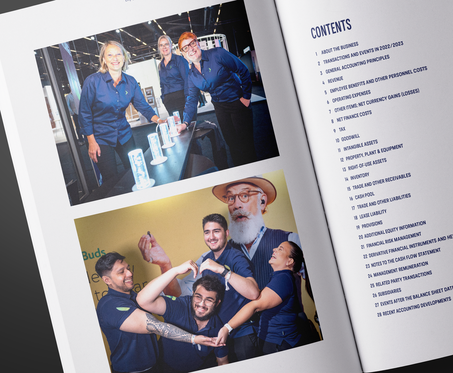 Closeup of Annual report with images of happy employees.
