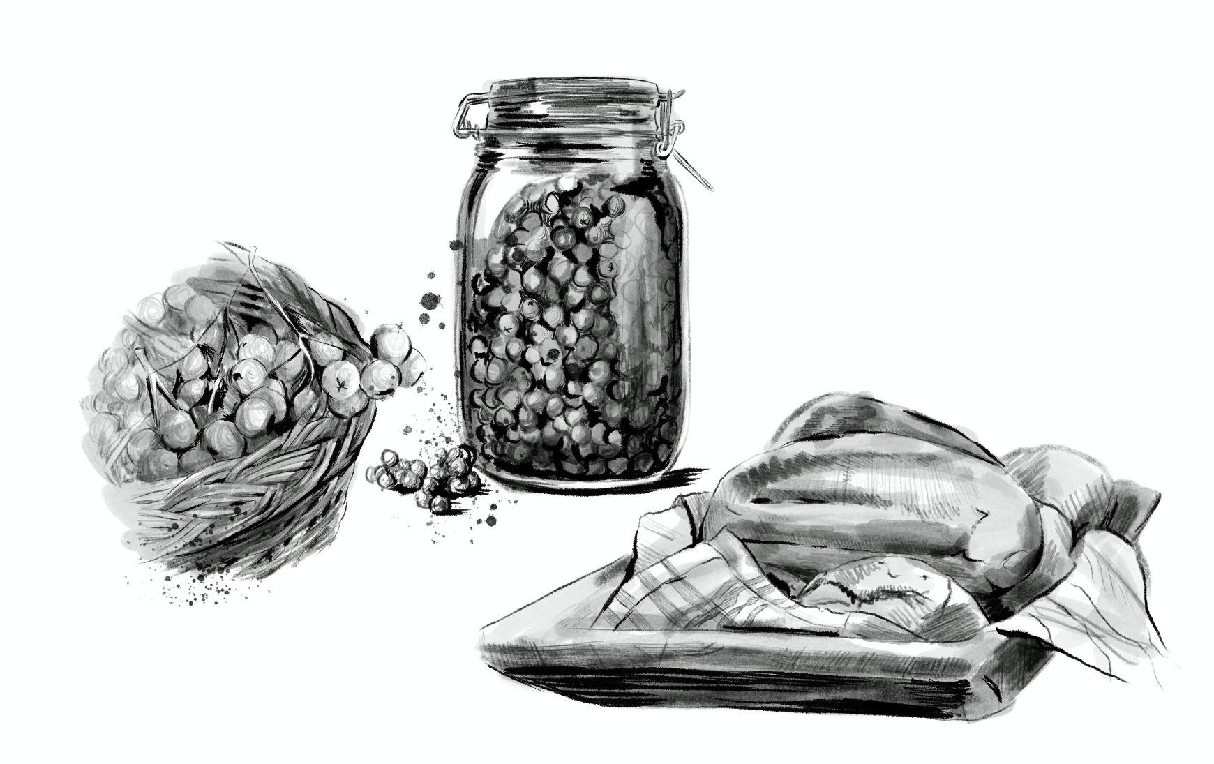 Drawing video screenshot of berries, a glass jar and a loaf of bread.
