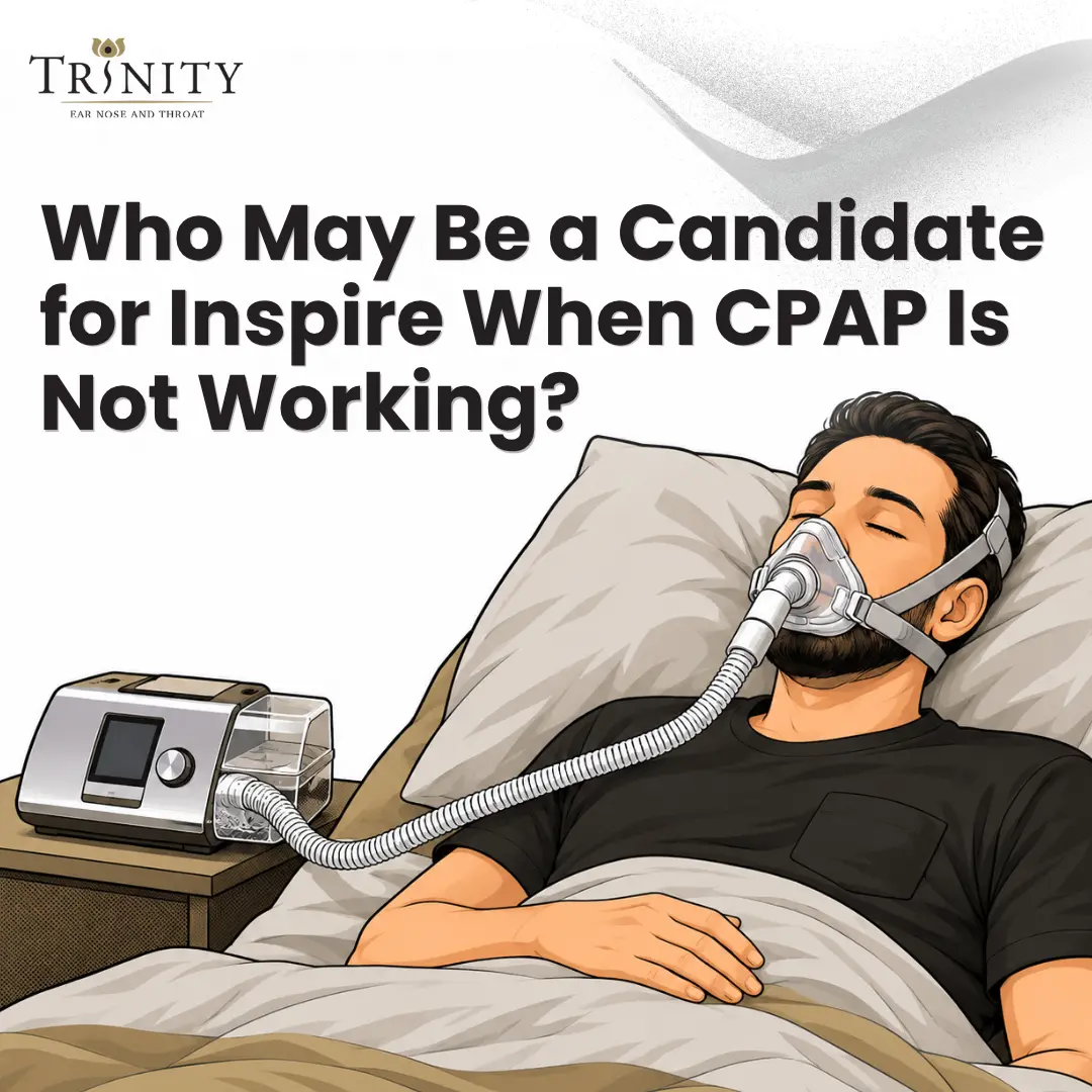 Man sleeping on his back wearing a CPAP mask connected to a machine, for Trinity ENT's article on Inspire therapy candidates when CPAP isn't working