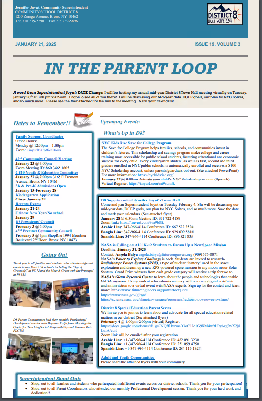 Community School District 8 newsletter January 21 2025
