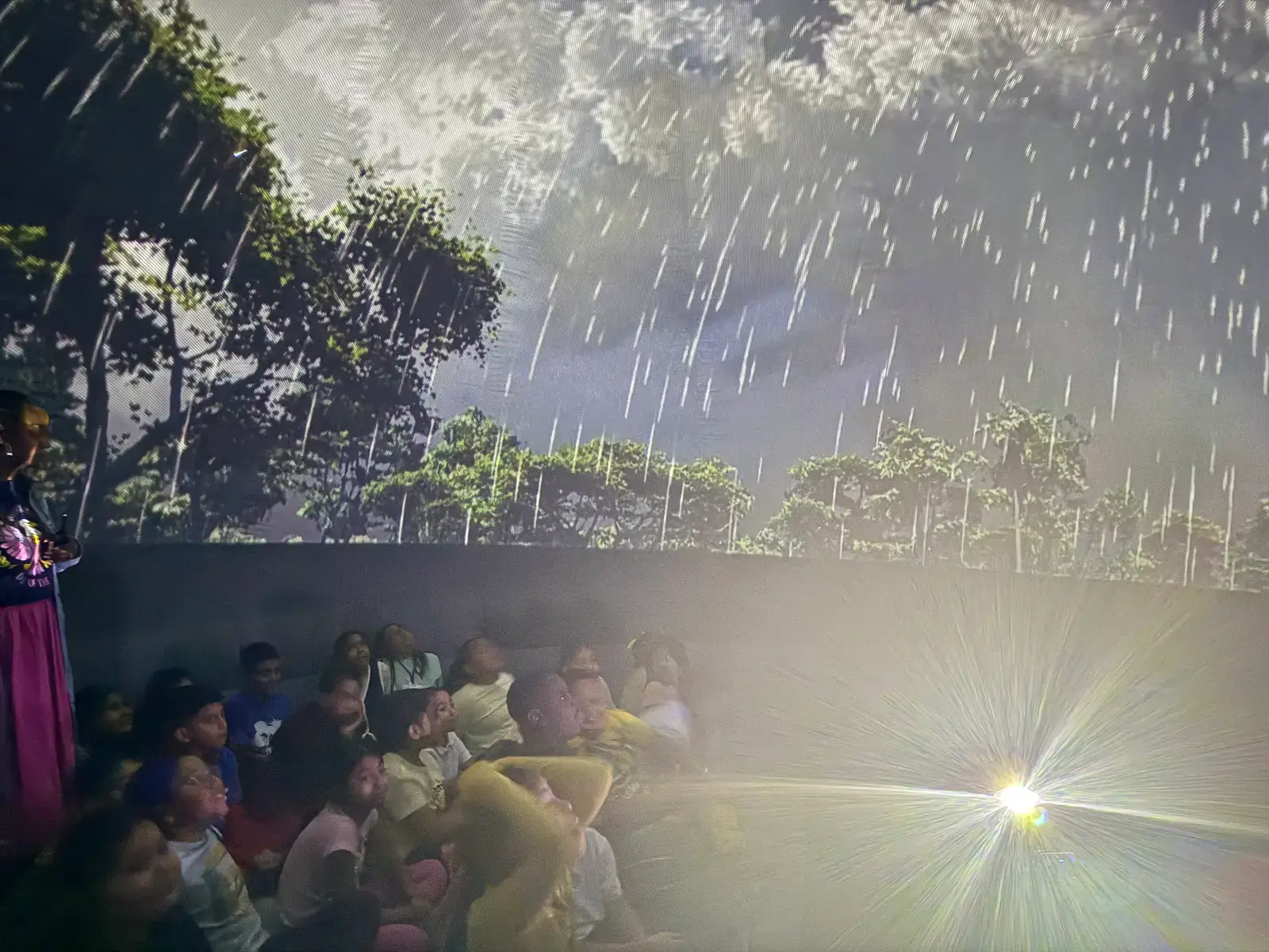 Students watching a projected nature scene with rain