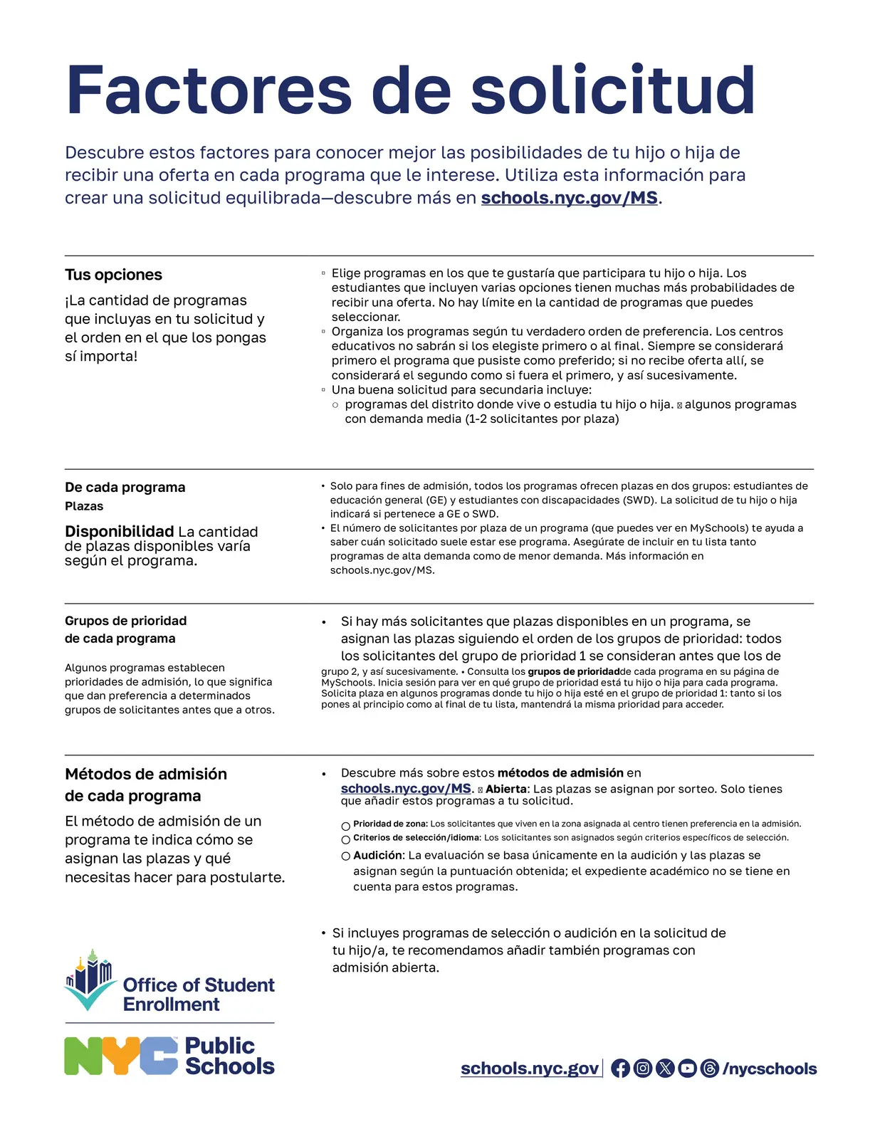 Application factors information sheet in Spanish
