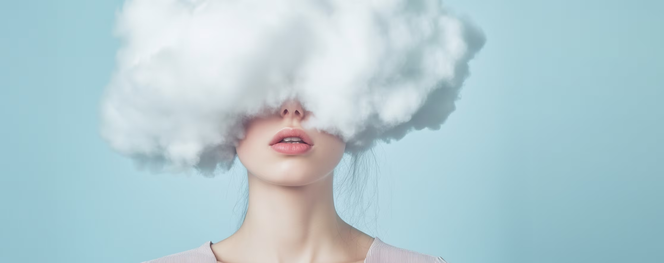 Woman with a cloud covering her head, representing mental fog and mood changes in perimenopause.