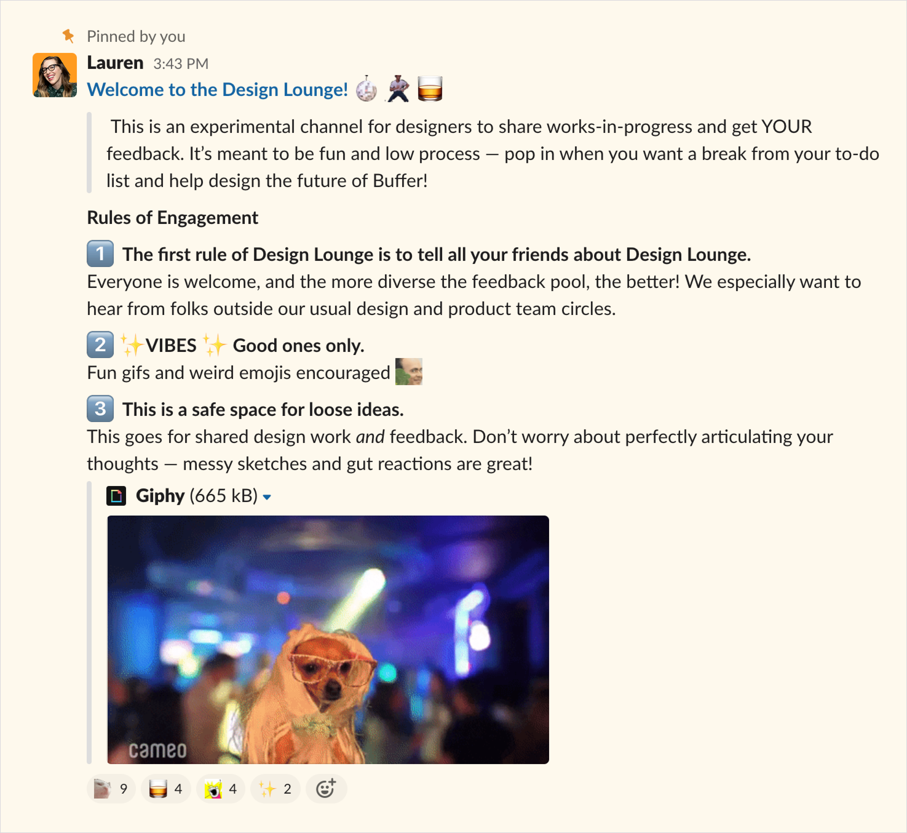The pinned Slack message in the #design-lounge channel that describes the purpose and rules of engagement.