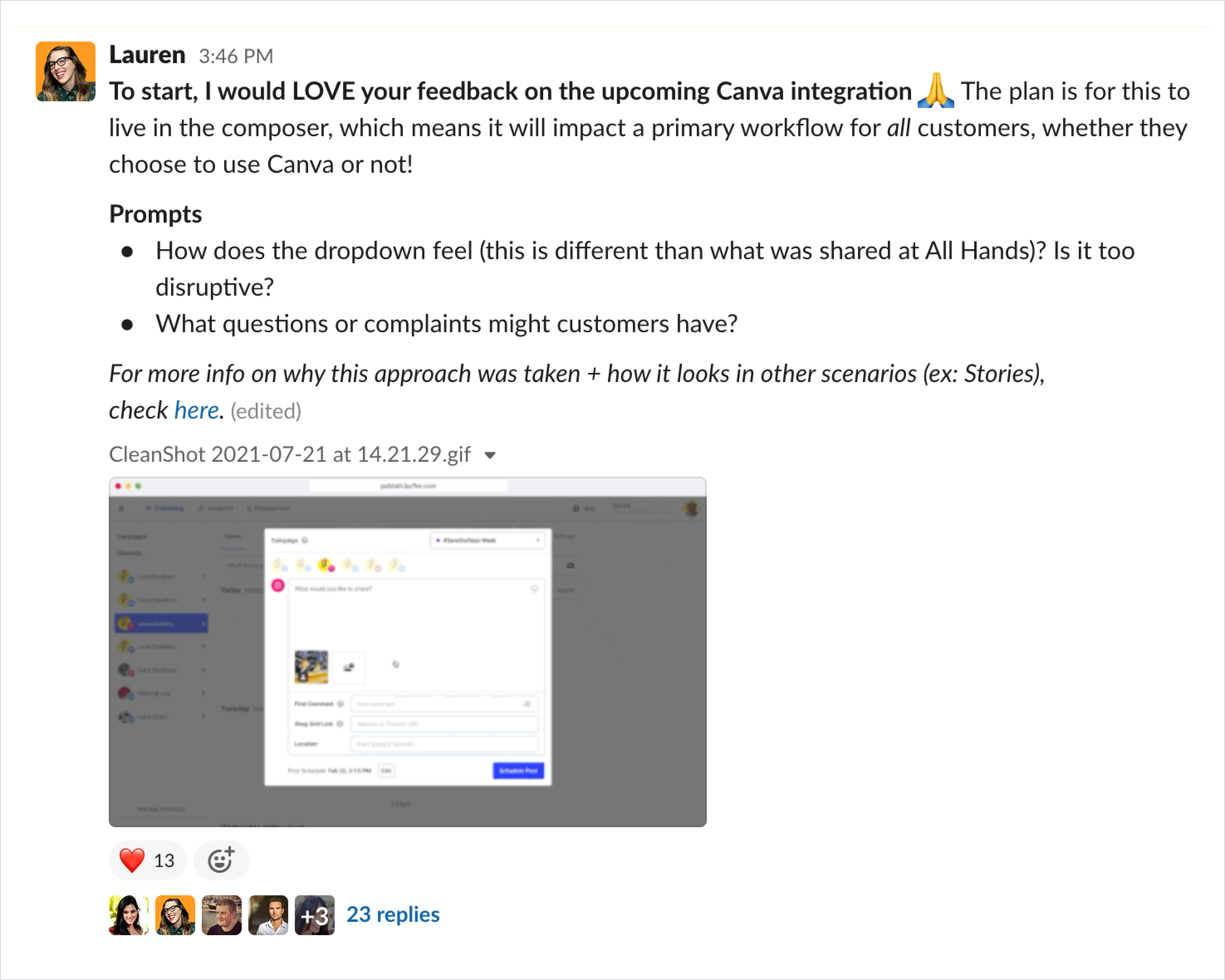 A Slack message sharing design  work and asking for feedback with 23 replies