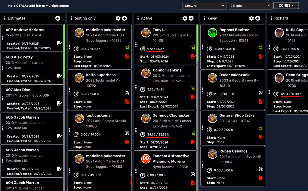 a screen shot of the jobs page showing multiple zones, and the many jobs within each zone.