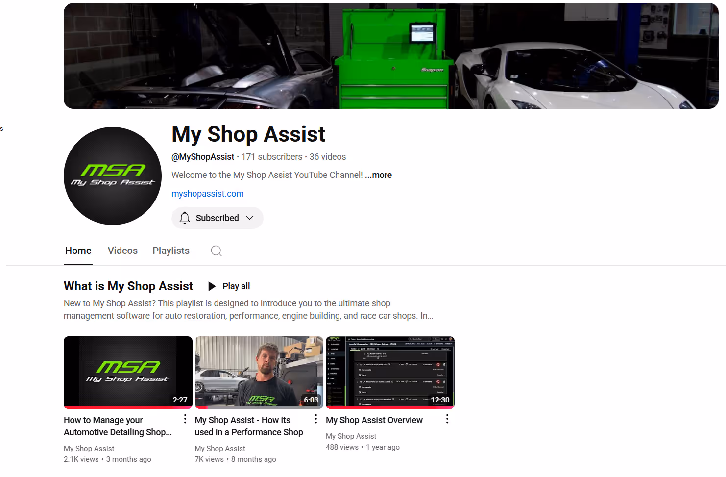 a screen shot of the my shop assist youtube channels homepage