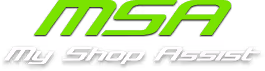 MSA logo, green font. white subtitle of my shop assist