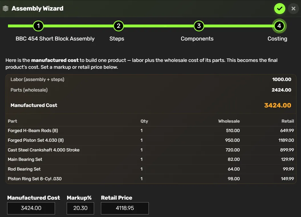 Assembly costing with labor and components rolled up to a manufactured cost and retail price
