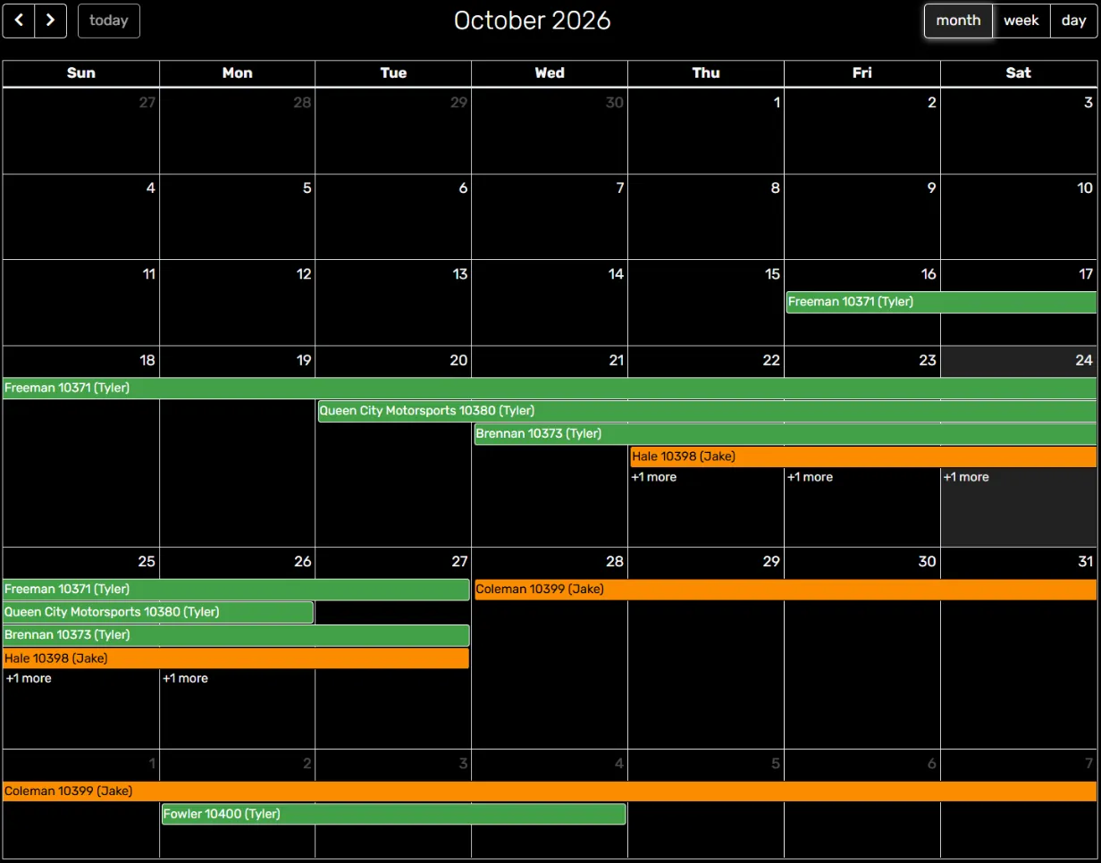 Month calendar with scheduled jobs for each tech