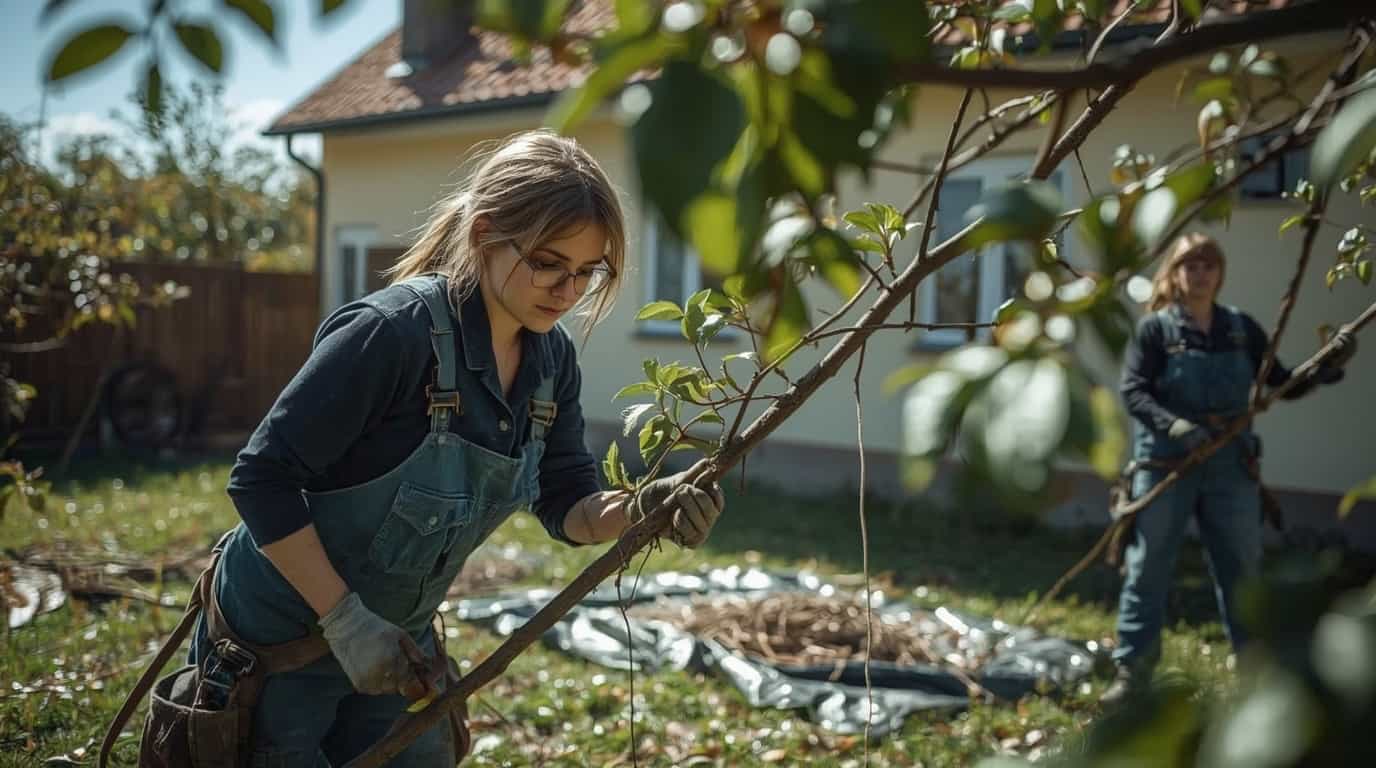 dvě zahradnice na zahradě, ošetřuji stříhají ovocné stromky jabloně, za nimi jsou na zemi větve a vzadu je dům