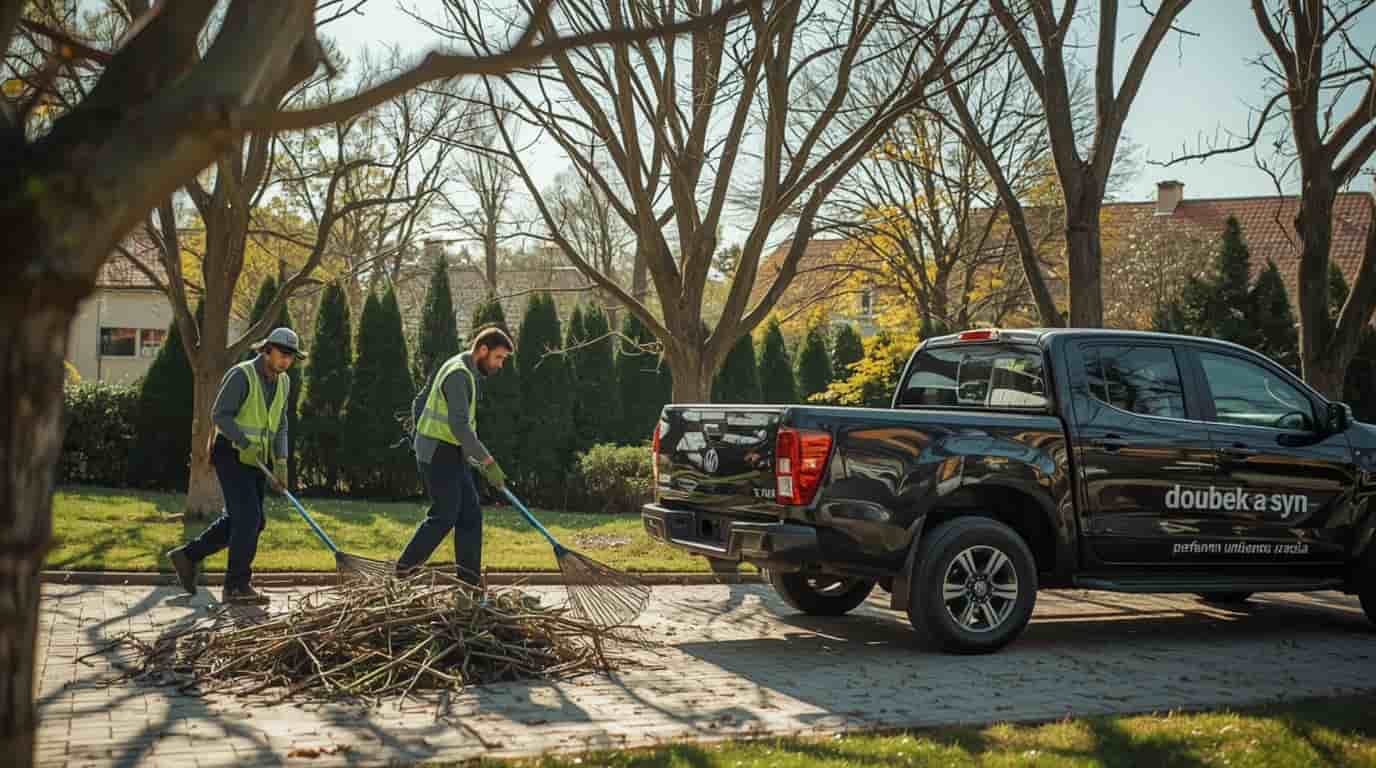 dva zahradníci arboristi lidí uklízejí na silnici větve. vedle nich stojí černé auto pick up VW marok s nápisem DOUBEK a vnuci
