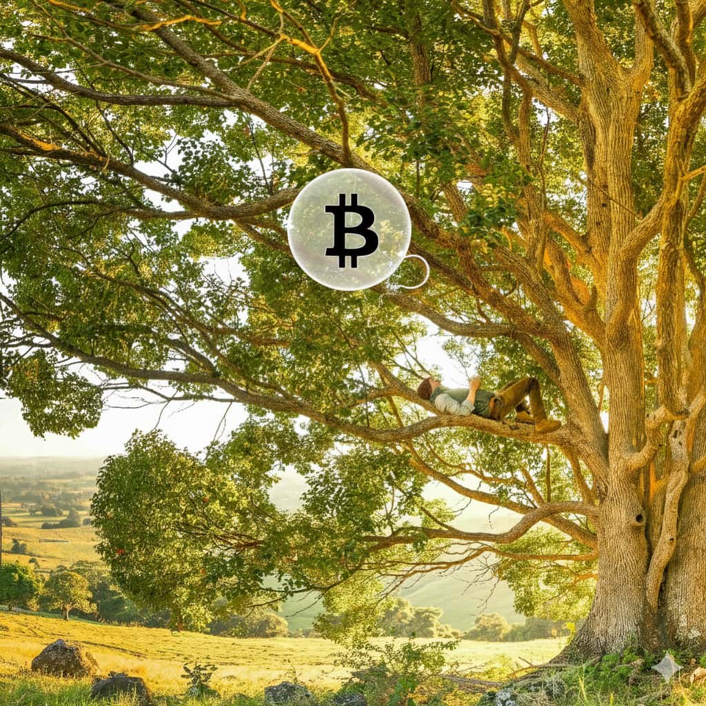 muž ležící na stromě přemýšlí o bitcoinu