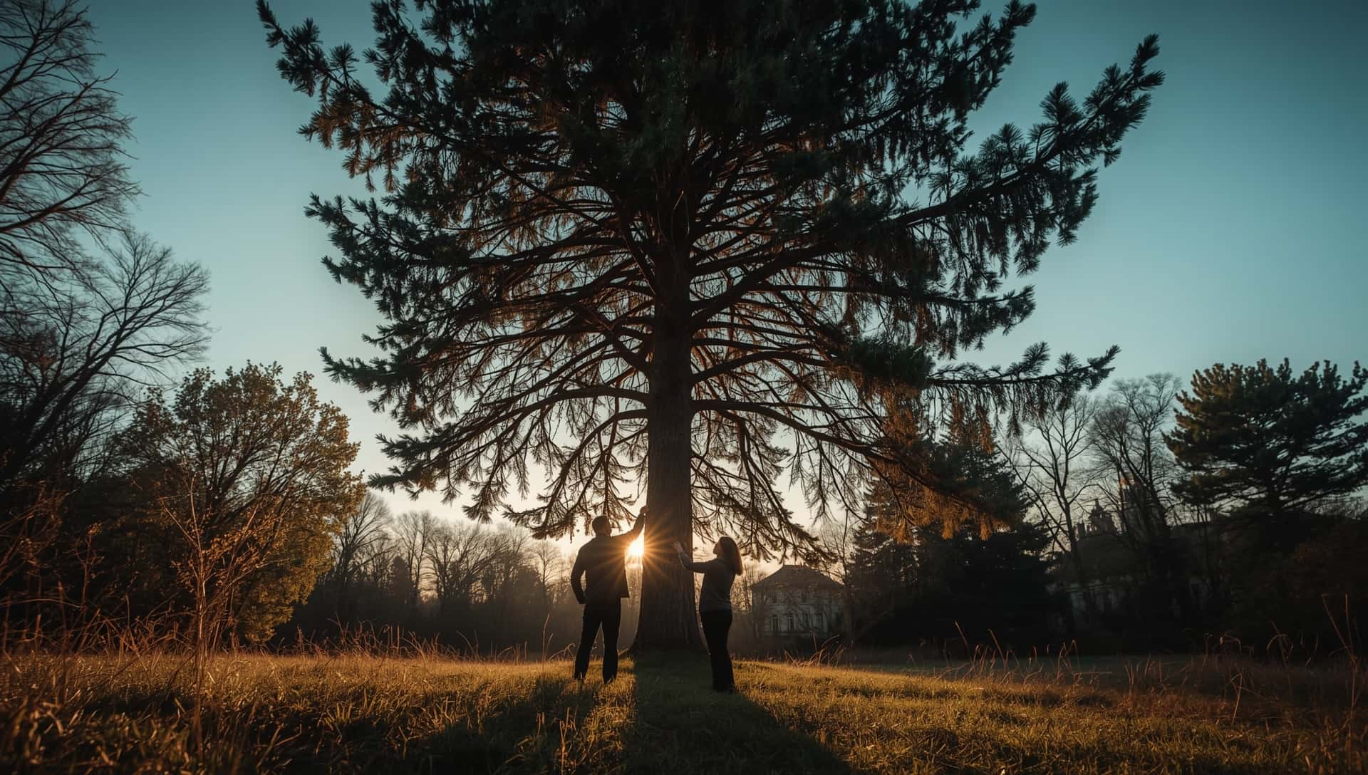 dva lidé stojící pod stromem jedlí v zámecké zahradě