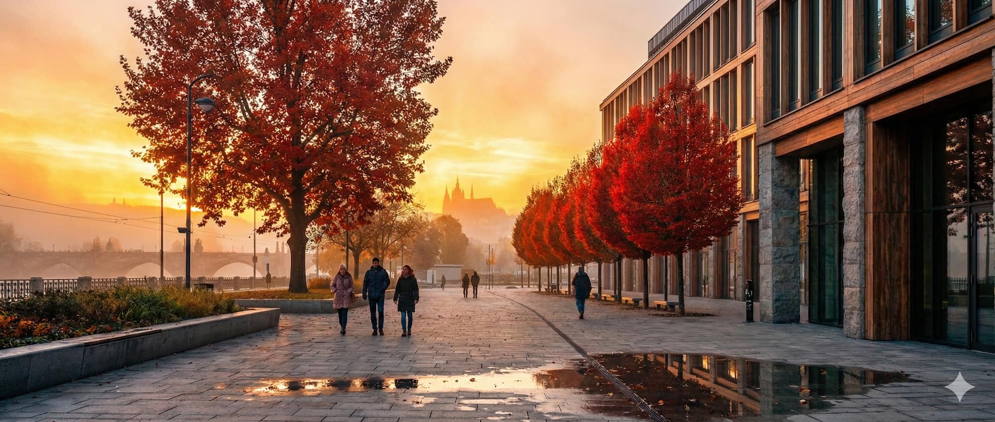 Majestátní vzrostlý platan a sloupovité habry u prémiového developerského projektu v Praze – příklad funkční zelené infrastruktury zvyšující tržní hodnotu nemovitosti.