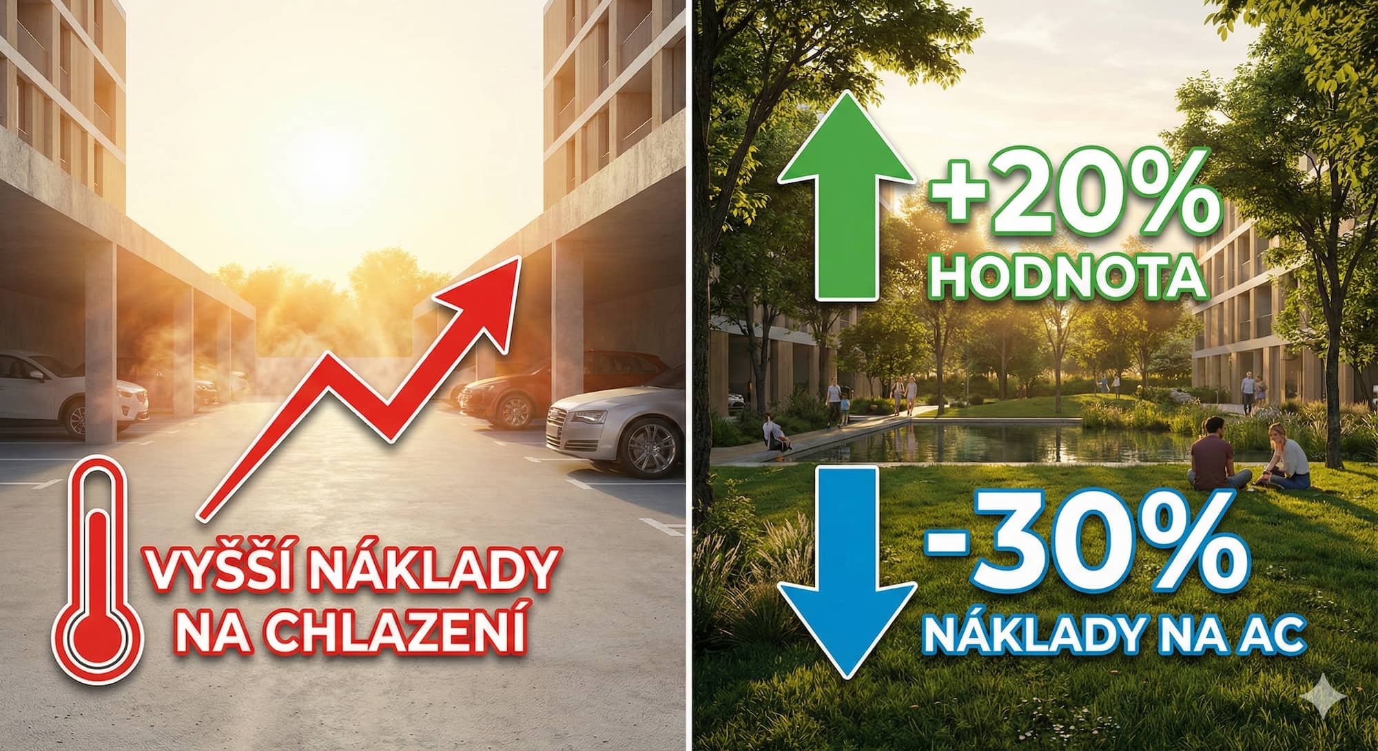 Infografika srovnávající vliv zeleně na development: vlevo betonová plocha s vysokými náklady na chlazení, vpravo vzrostlé stromy zvyšující hodnotu nemovitosti o 20 % a snižující náklady na klimatizaci o 30 %.