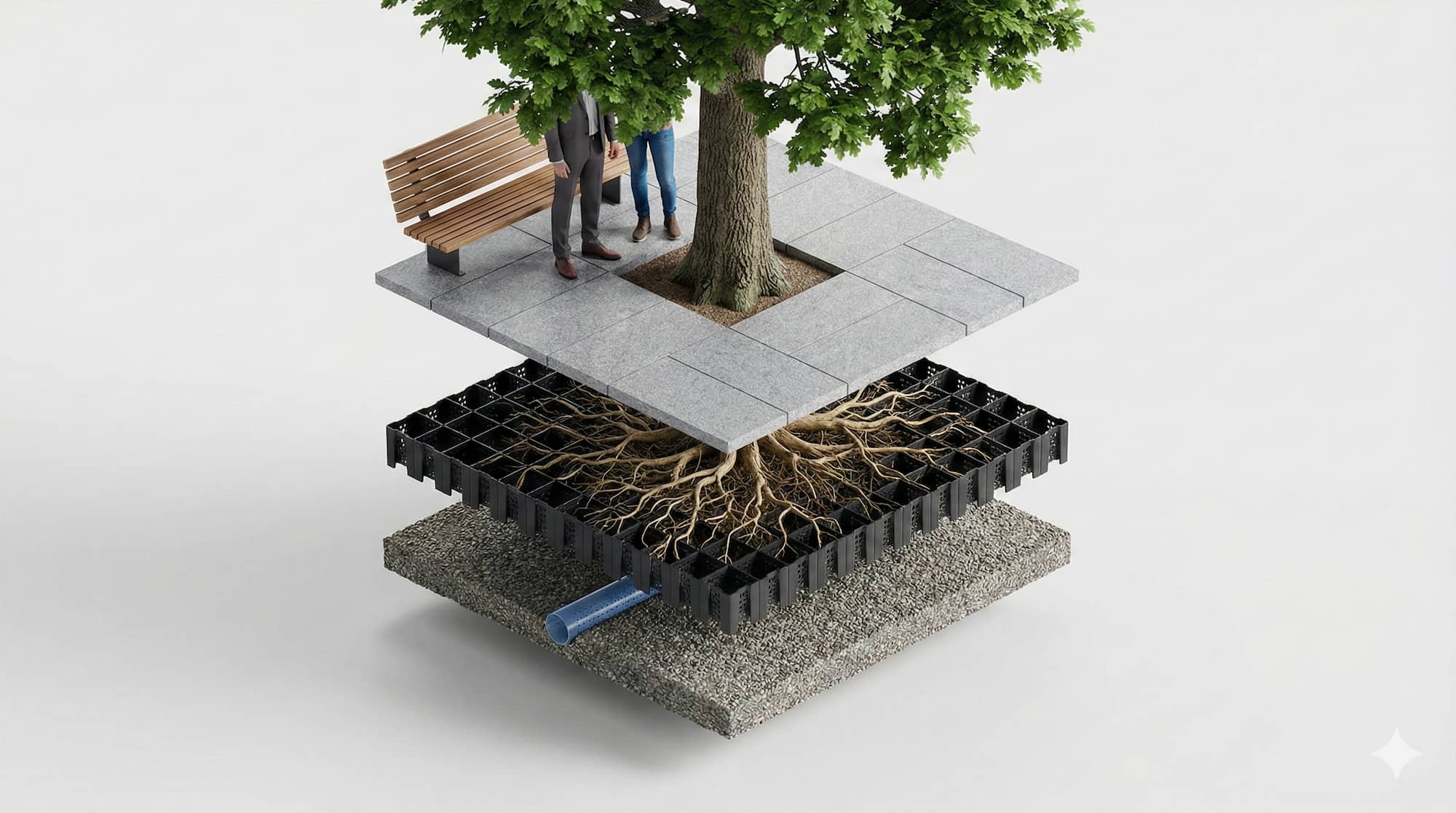 Izometrický řez (exploded view) systémem městské zeleně, ukazující detailní technologii výsadby: horní dlažbu, prostřední vrstvu modulárních strukturálních buněk pro zdravý růst kořenů a spodní zasakovací potrubí.