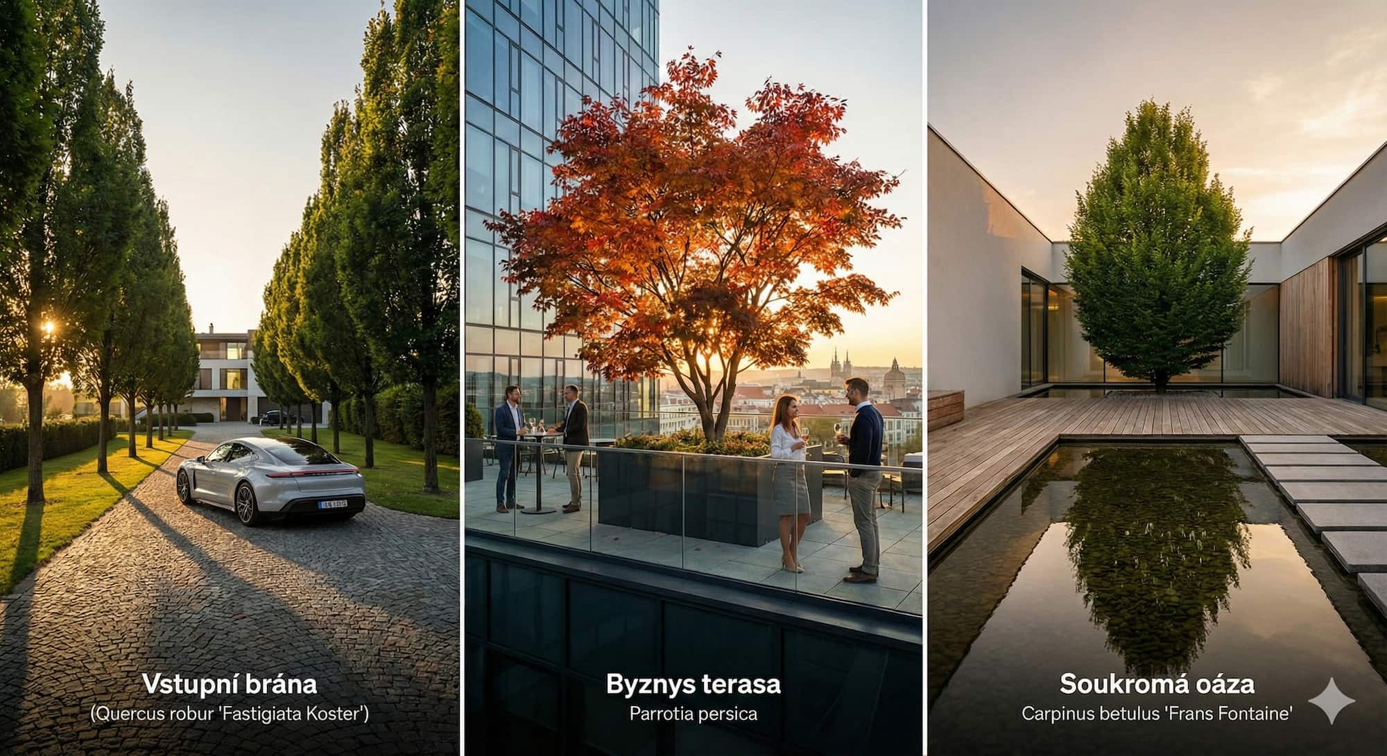 Luxusní fotografický triptych zobrazující prémiové městské stromy integrované do špičkové české architektury během zlaté hodinky: sloupovité duby lemující vjezd do vily, barevná parocie jako dominanta střešní terasy kancelářské budovy a habr zrcadlící se v