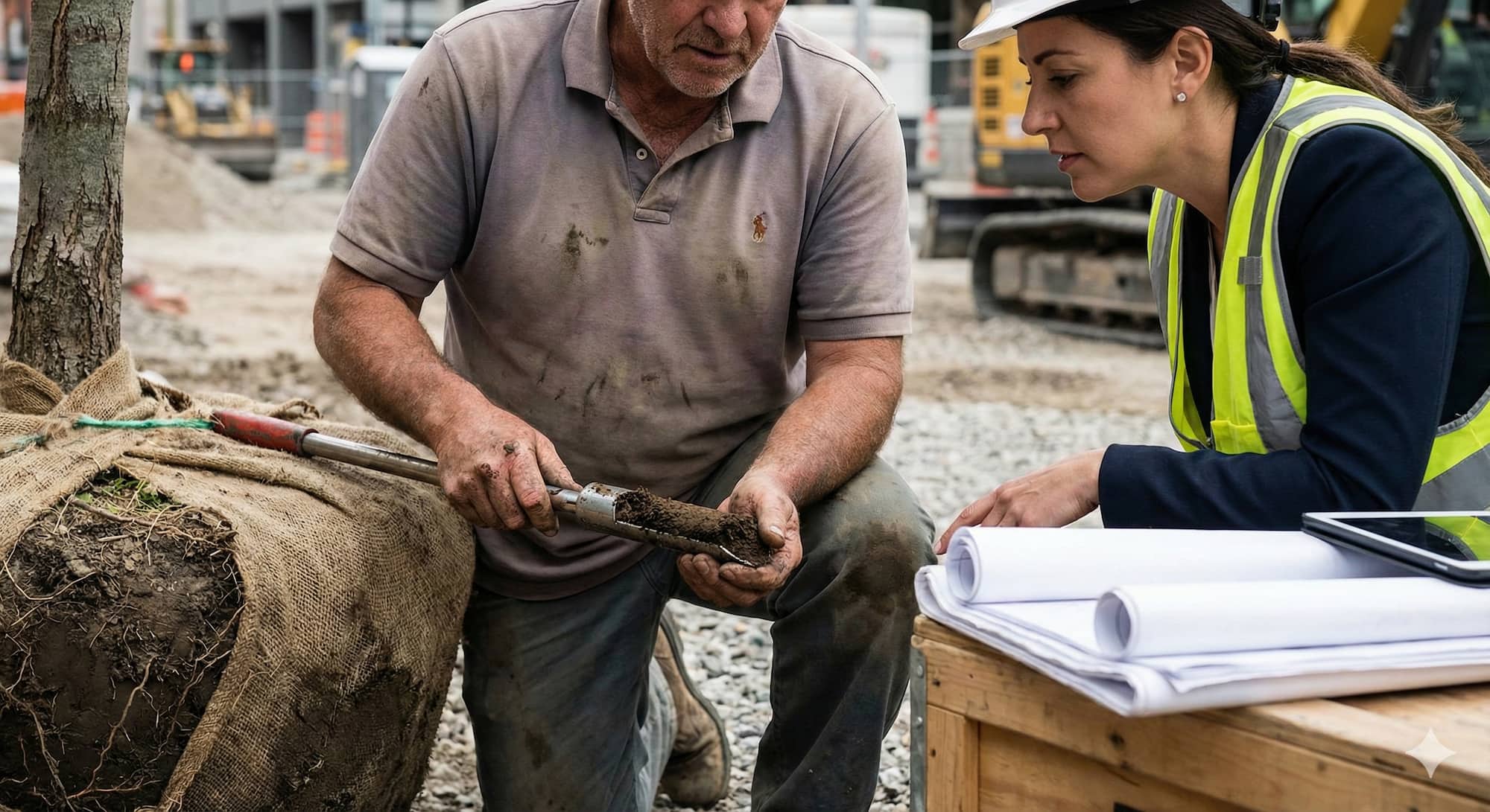 Alt Text: Detailní pohled na arboristickou konzultaci přímo na stavbě – odborník firmy Doubek & vnuci provádí analýzu půdního vzorku a kontrolu zdraví kořenového balu před výsadbou stromu pro nový developerský projekt.