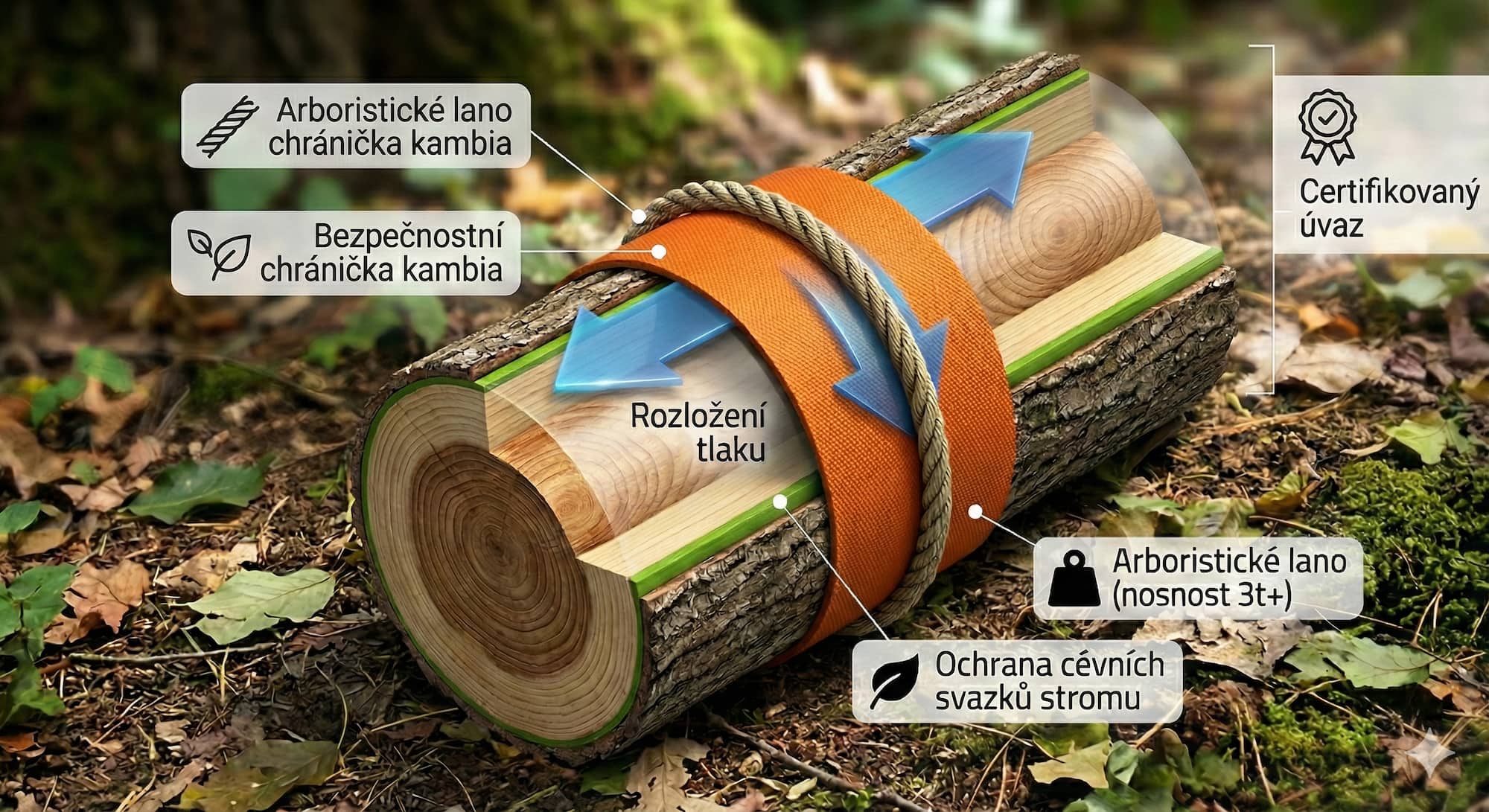 Infografika řezu větví: Oranžová bezpečnostní chránička kambia rozkládá tlak arboristického lana a chrání tak cévní svazky stromu před poškozením.