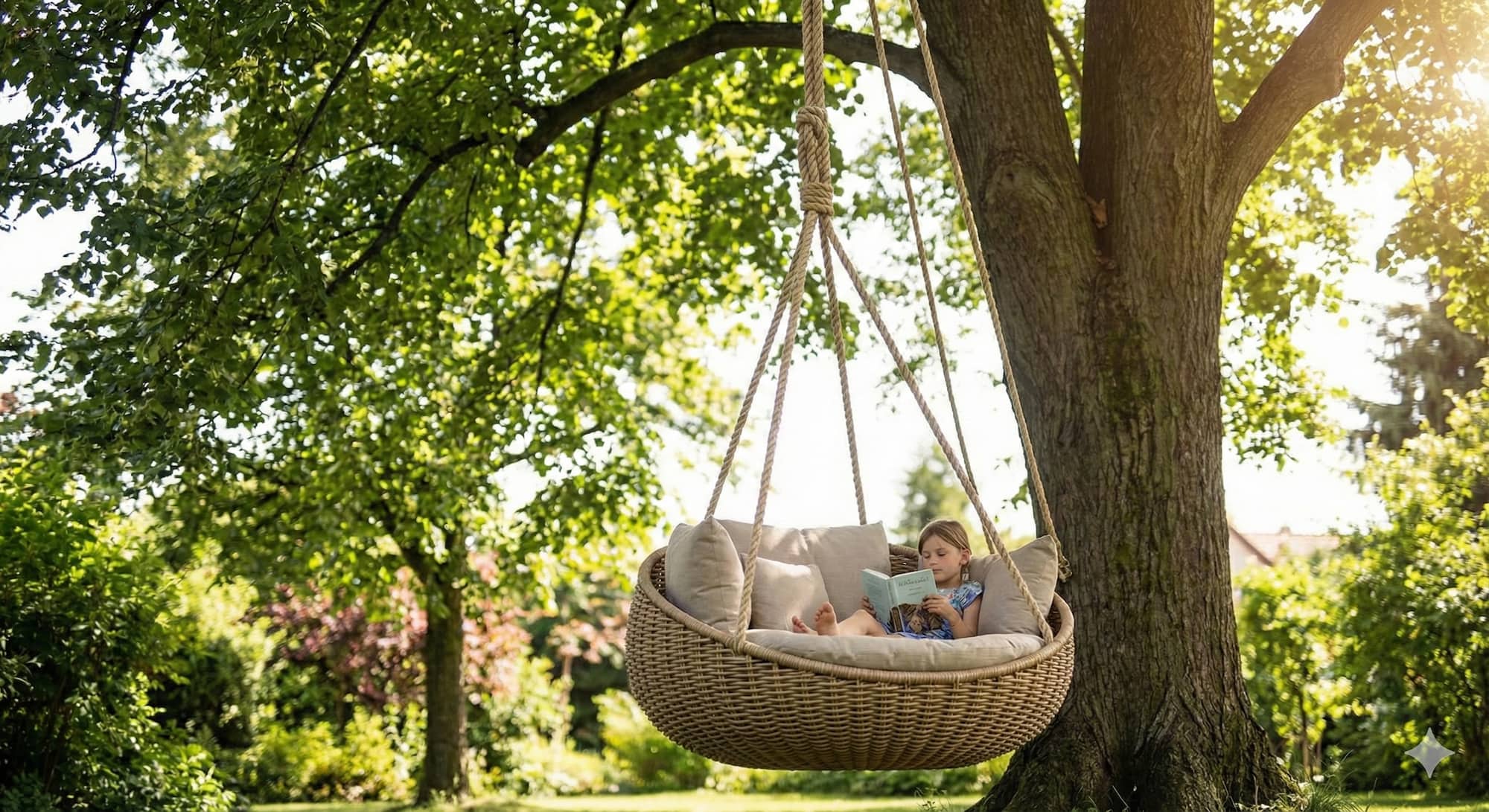 Designové závěsné křeslo typu kokon v přírodním stylu, bezpečně upevněné na vysokém stromě pomocí profesionálního arboristického systému od rodinné firmy Doubek a vnuci.