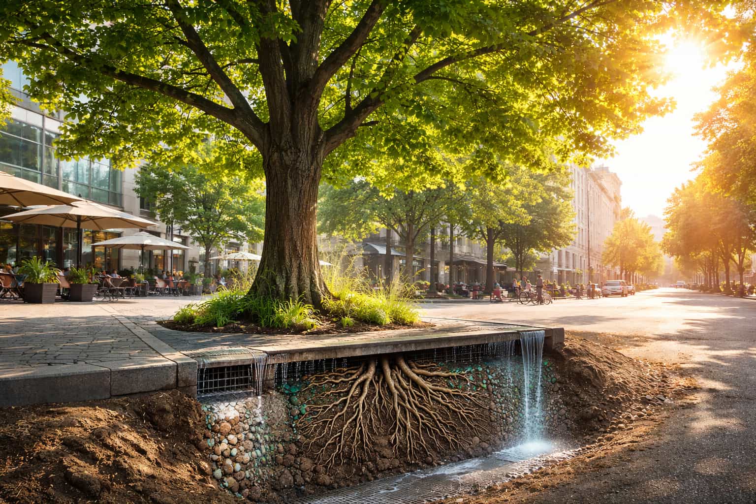 Městský strom v ulici s dostatečným kořenovým prostorem, strukturální půdou a využitím dešťové vody jako ochrana proti suchu a přehřívání