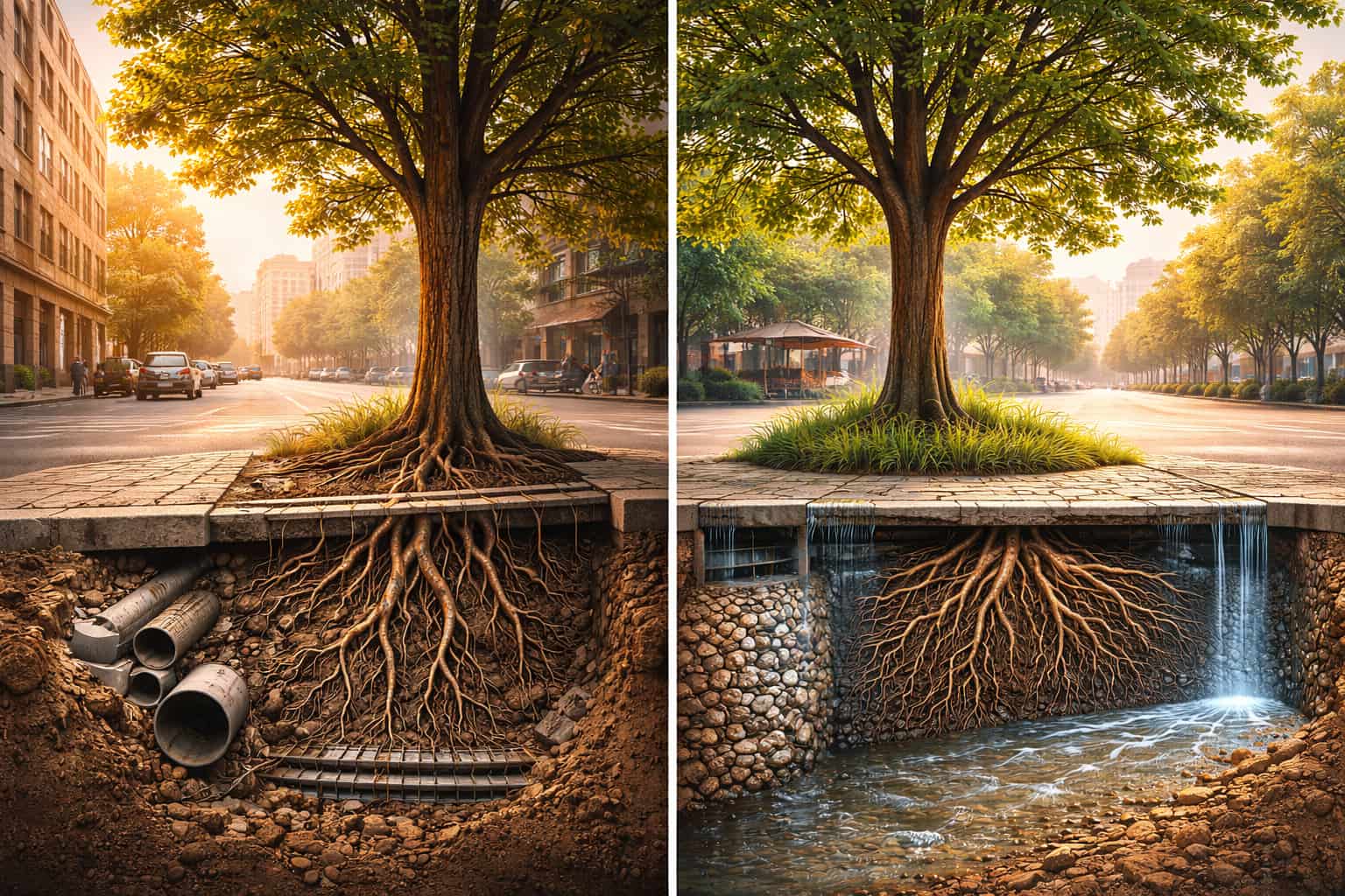 Porovnání městského stromu s omezeným kořenovým prostorem pod betonem a stromu s dostatečným prokořenitelným objemem, kde může kořenový systém zdravě růst