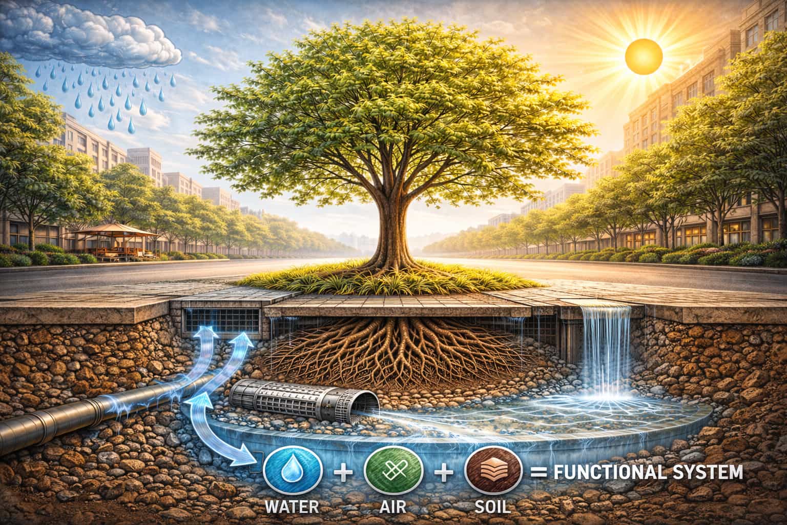 Hyperrealistický řez městským stanovištěm stromu ukazující propojení kořenového prostoru, strukturální půdy a přívodu dešťové vody jako funkční řešení sucha