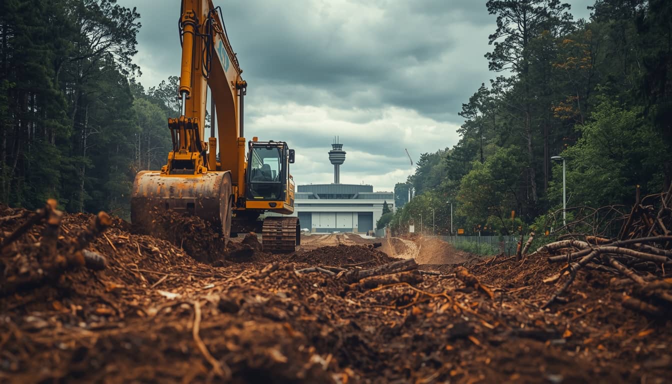 Těžká technika v akci při site clearance pro Panattoni Park Ostrava. Dynamický pohled z podhledu na bagr s lesní frézou, který likviduje náletové dřeviny. V pozadí je vidět vyčištěná plocha a dominantní hangár JOB AIR na letišti Mošnov.